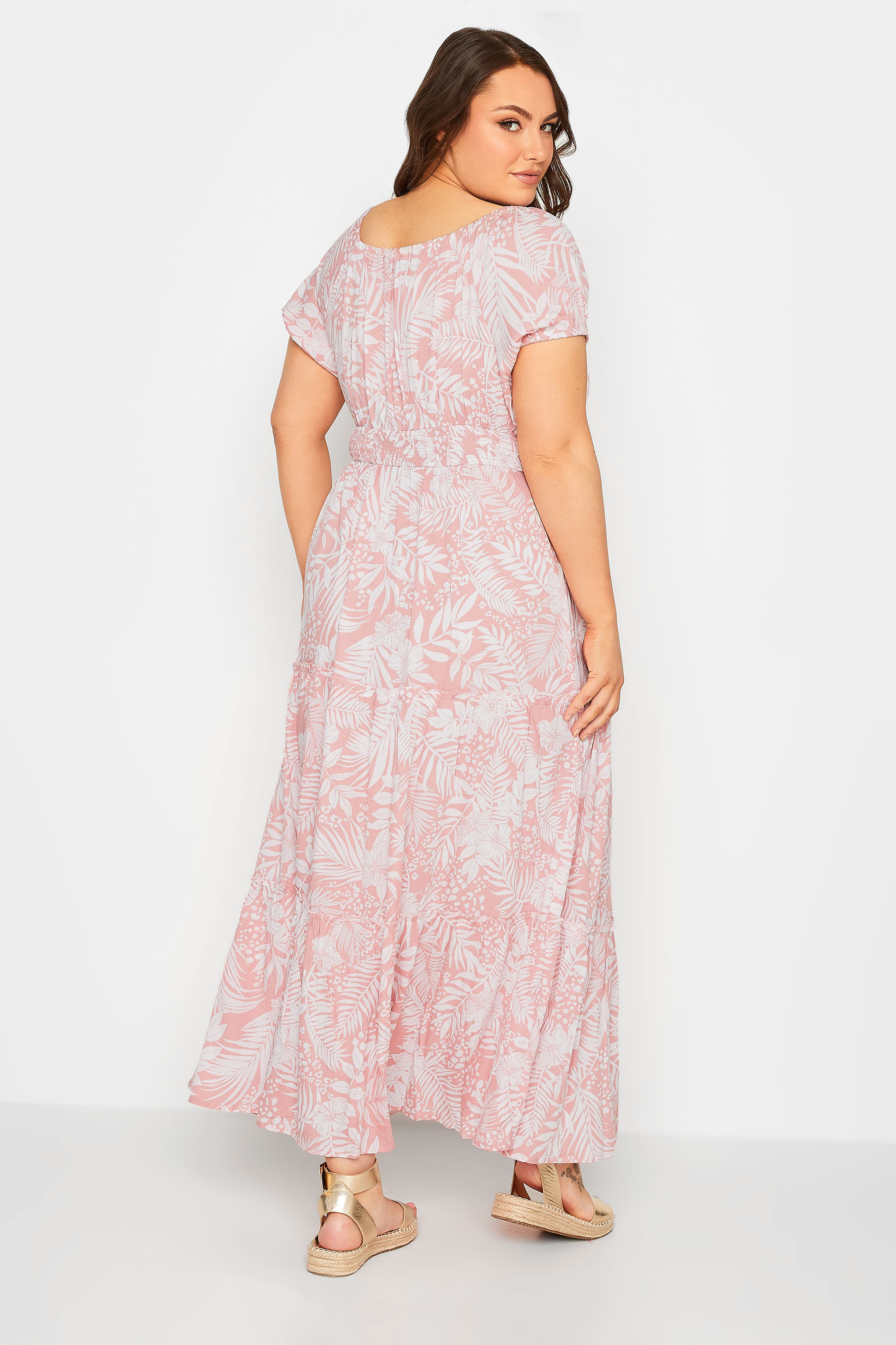 YOURS Plus Size Pink Tropical Print Bardot Maxi Dress | Yours Clothing