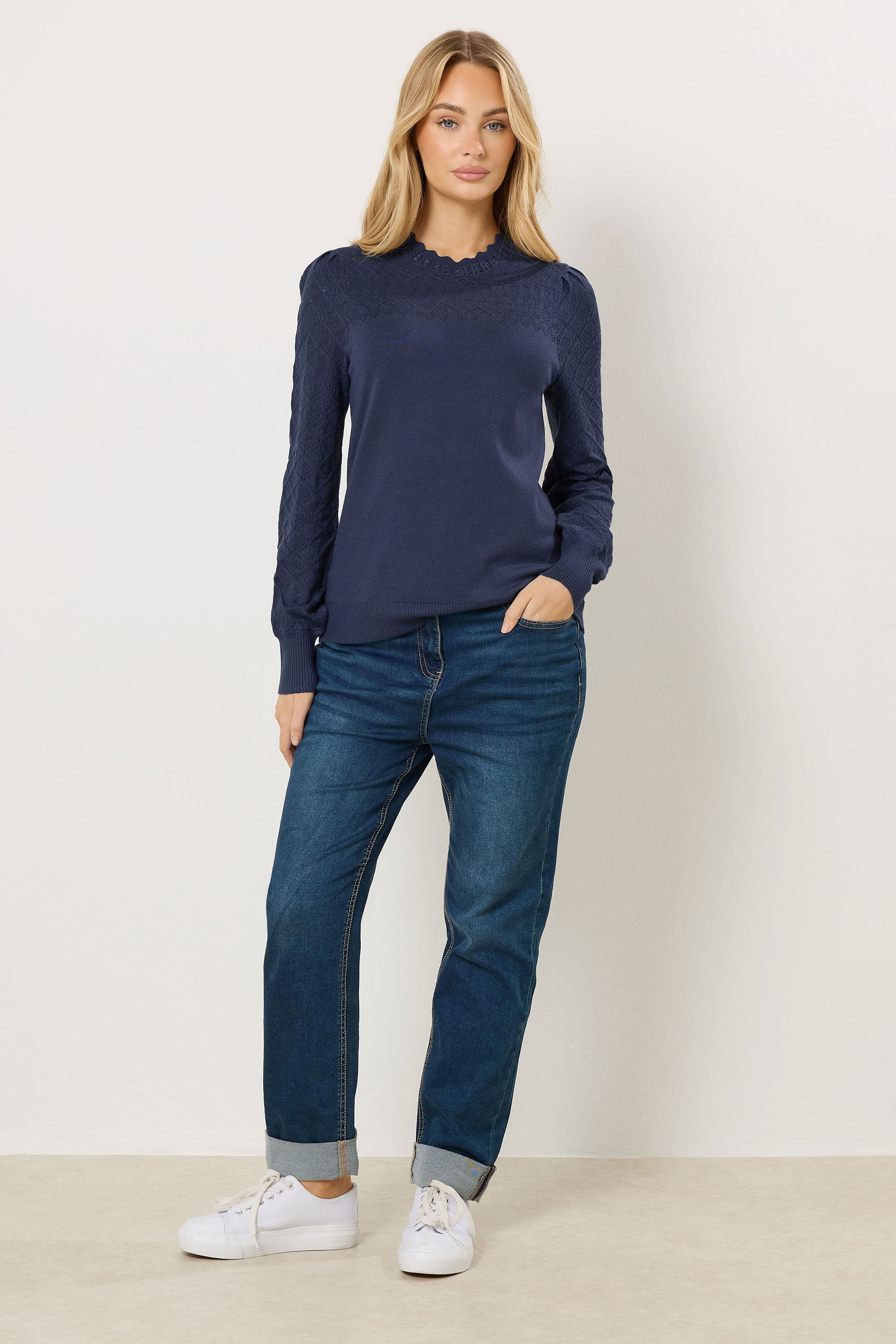 M&Co Navy Blue Pointelle Sleeve Jumper | M&Co 1