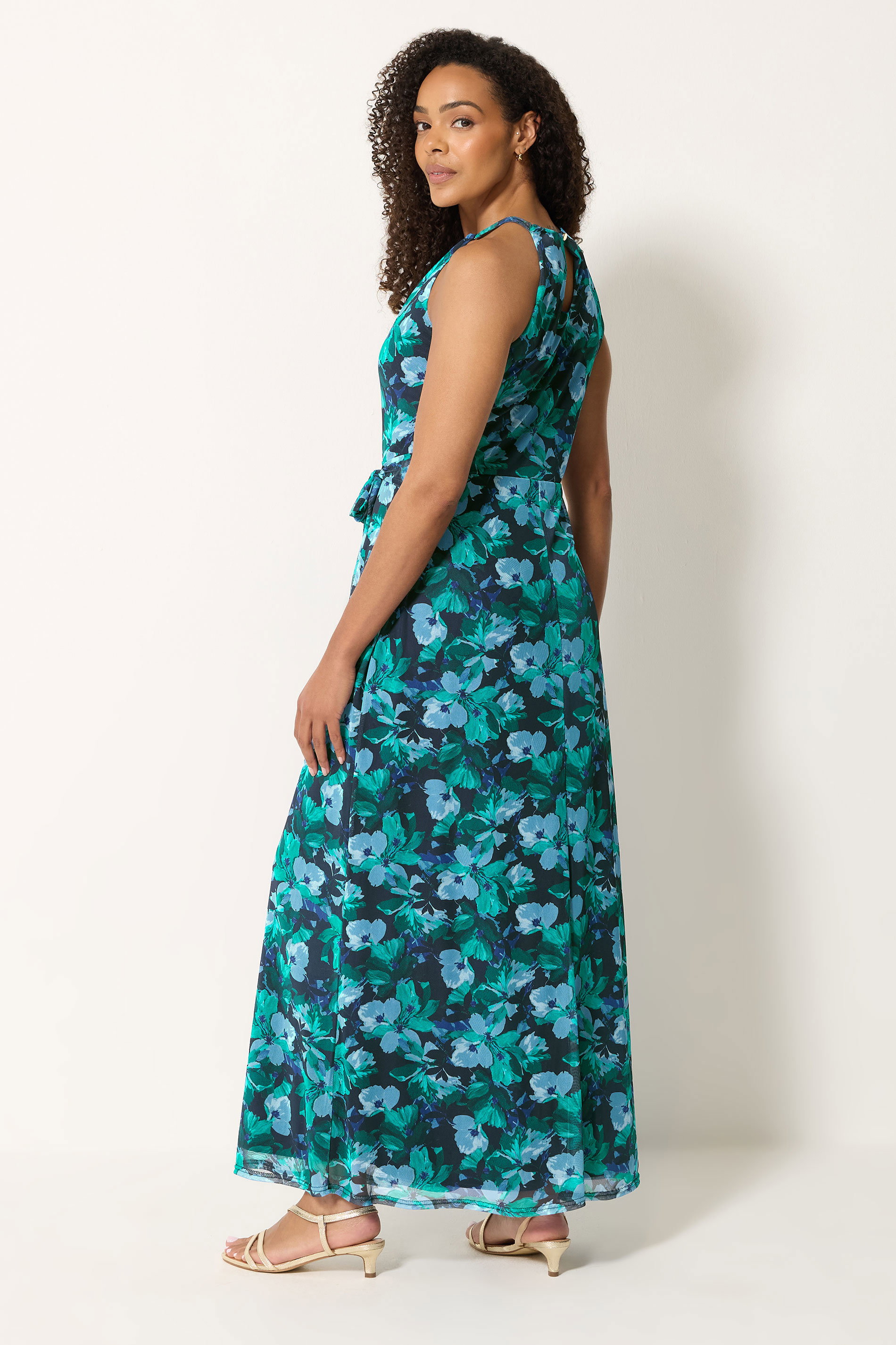 M&Co Green Floral Print Halter Neck Mesh Maxi Dress | M&Co 4