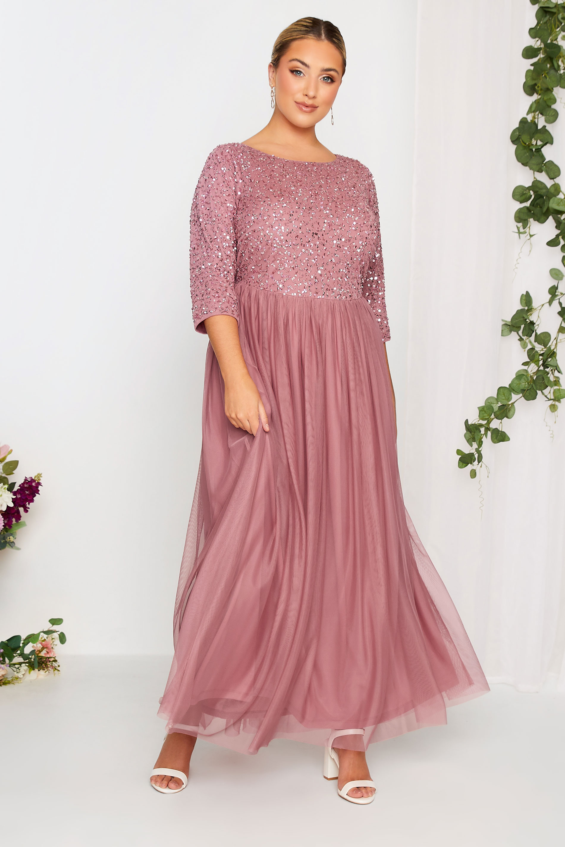 LUXE Plus Size Dark Pink Sequin Hand Embellished Maxi Dress | Yours Clothing  2