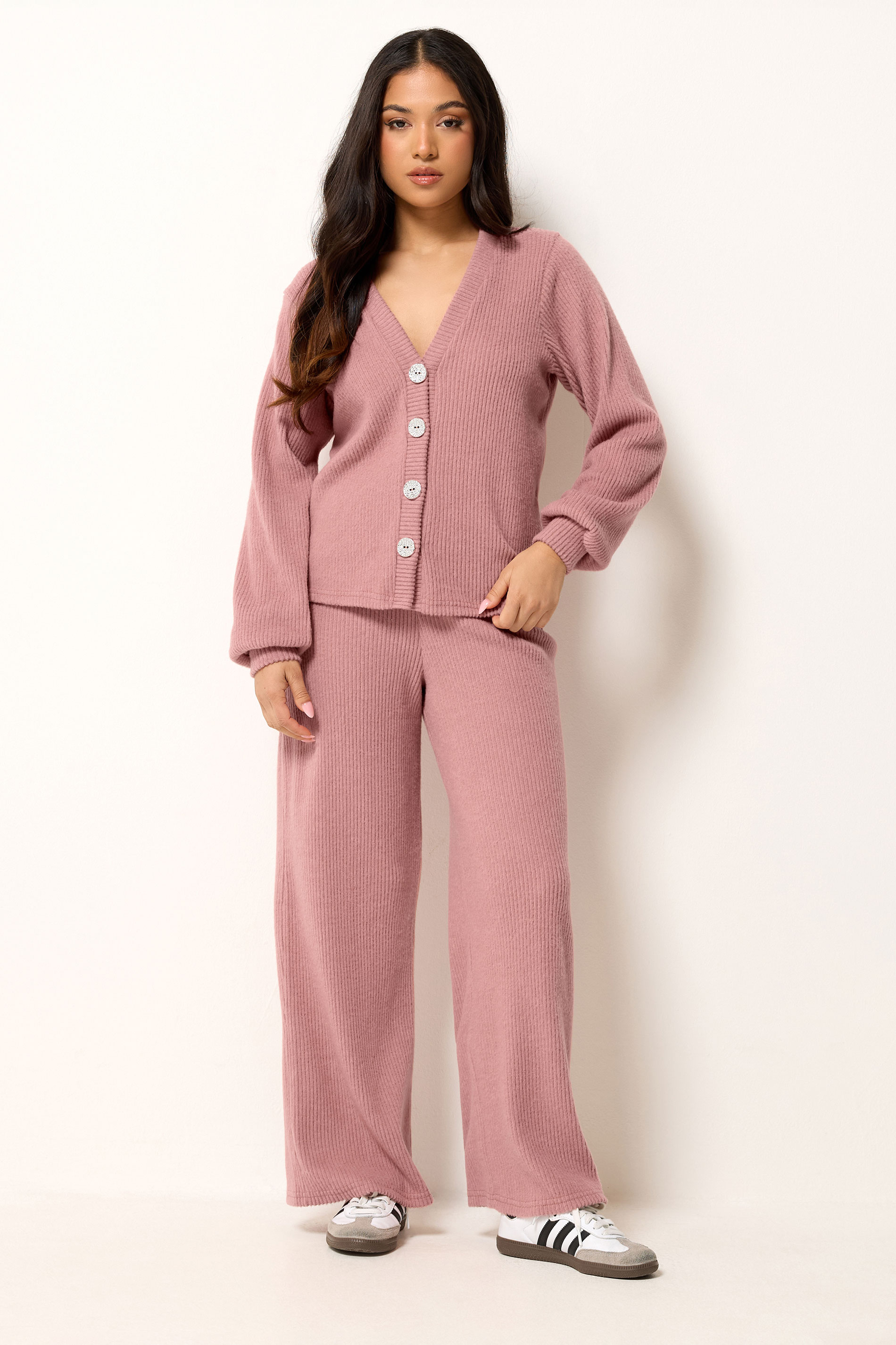 PixieGirl Petite Women's Pink Marl Ribbed Soft Touch Wide Leg Trousers | PixieGirl 3