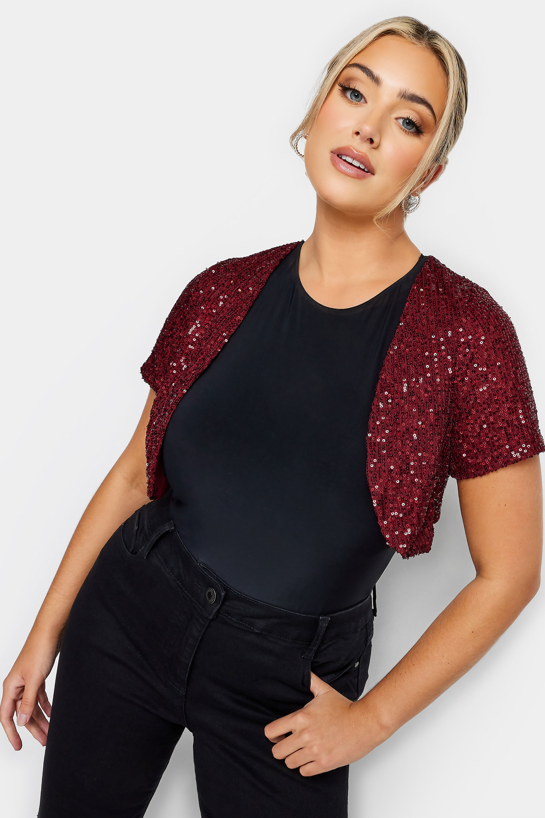 Plus Size YOURS LONDON Red Sequin Embellished Shrug Cardigan | Yours Clothing 1