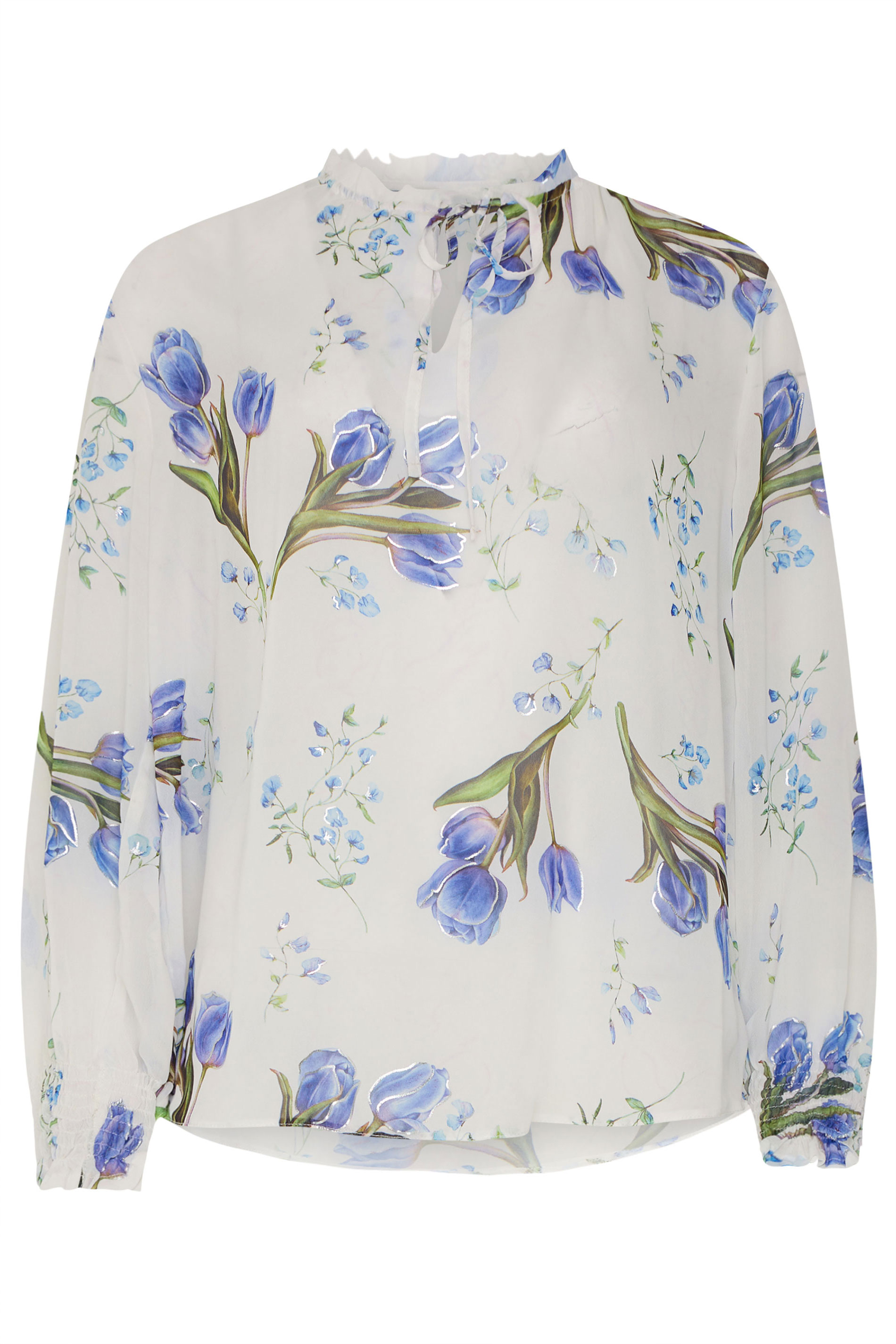 M&Co White & Blue Floral Tie Neck Blouse | M&Co 5