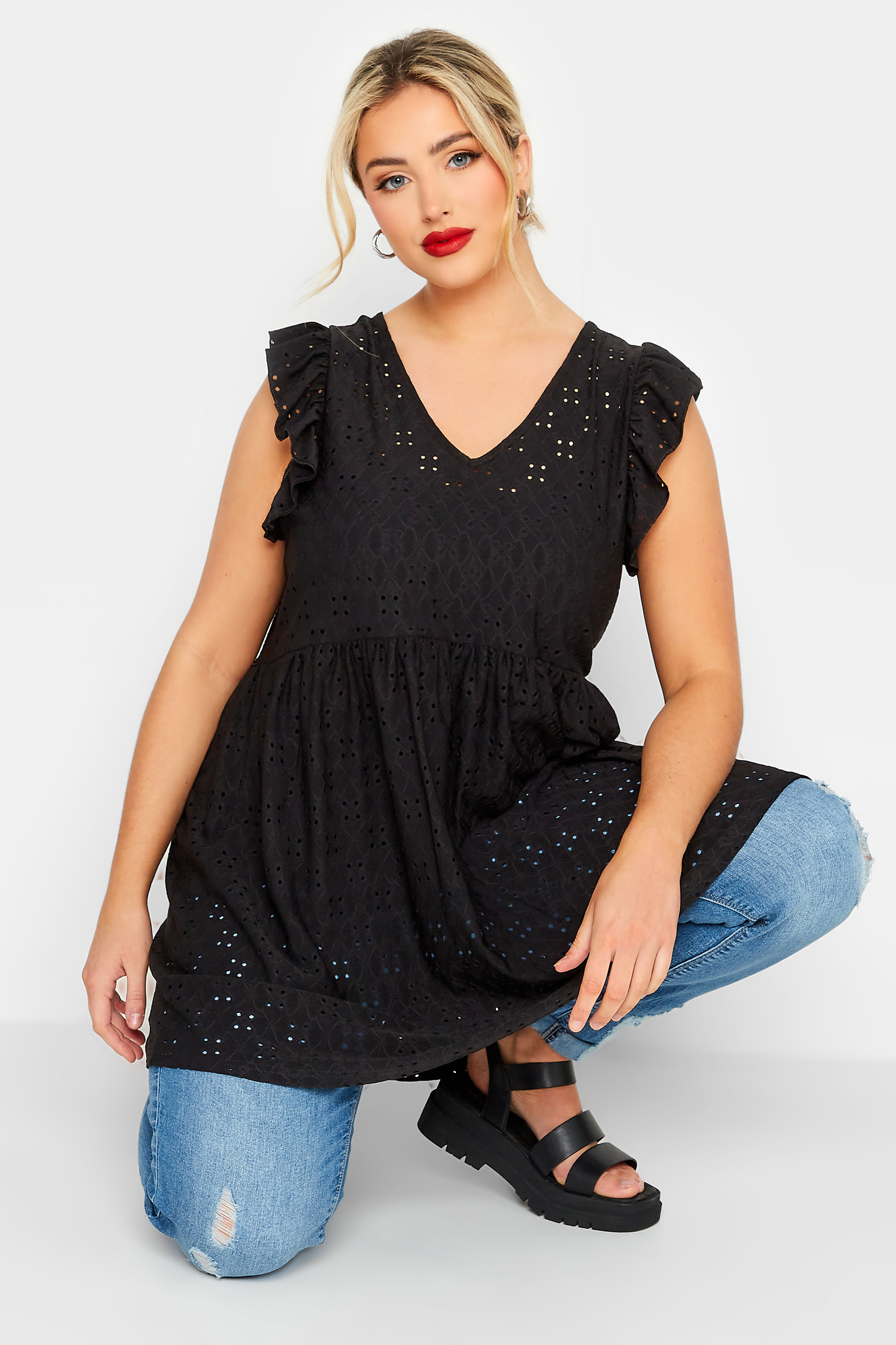 LIMITED COLLECTION Plus Size Black Broderie Anglaise Frill Top | Yours Clothing 2