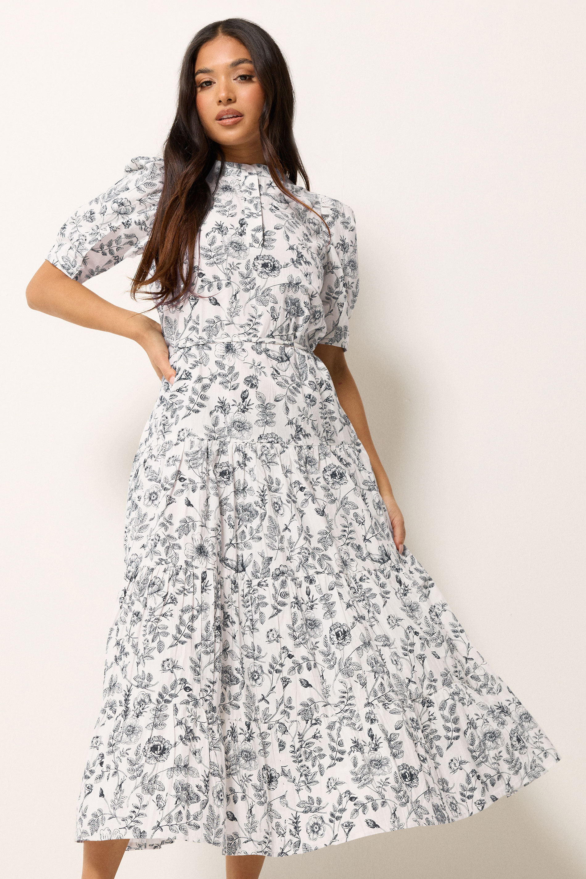 PixieGirl Petite Women's White Floral Cotton Tiered Maxi Dress | PixieGirl 3
