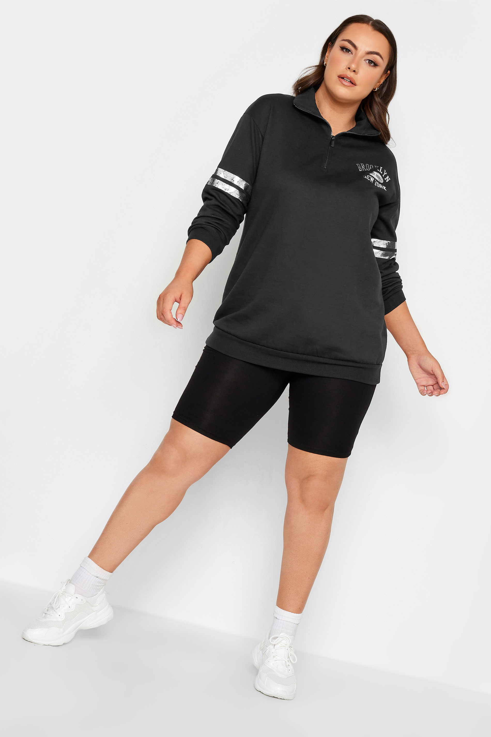 YOURS Plus Size Black 'Brooklyn' Varsity Half Zip Sweatshirt | Yours Clothing 2