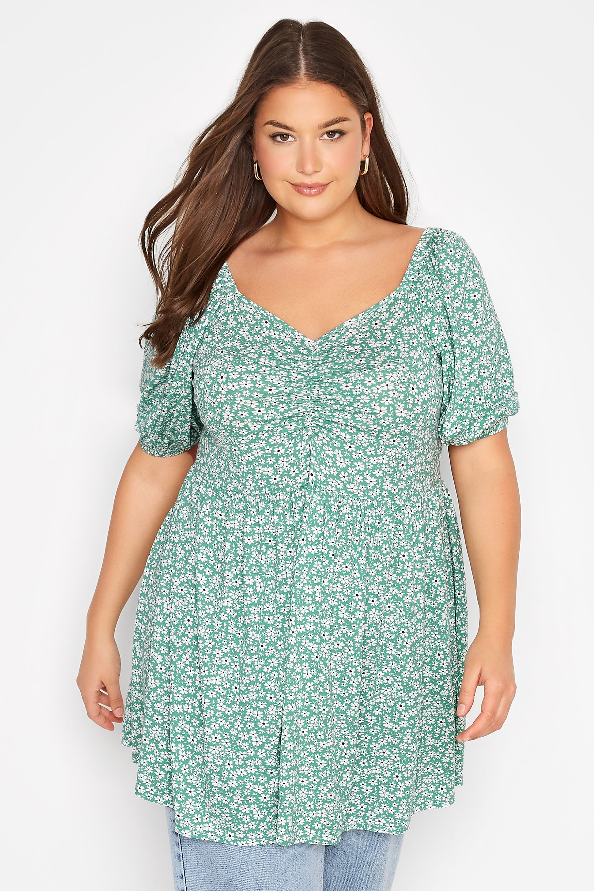 Plus Size Green Floral Ruched Top | Yours Clothing 1