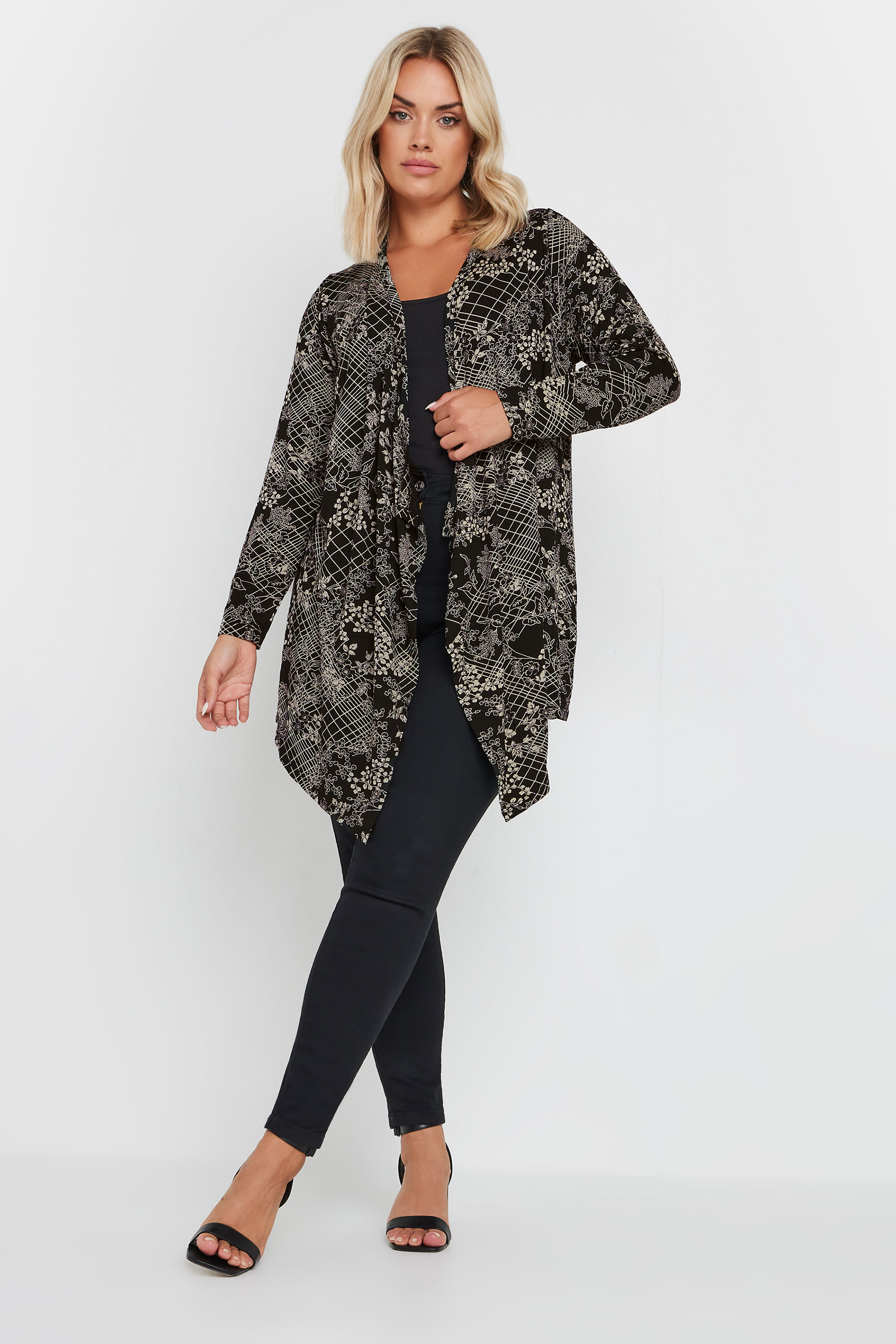 YOURS Plus Size Black Abstract Floral Print Waterfall Cardigan | Yours Clothing 1