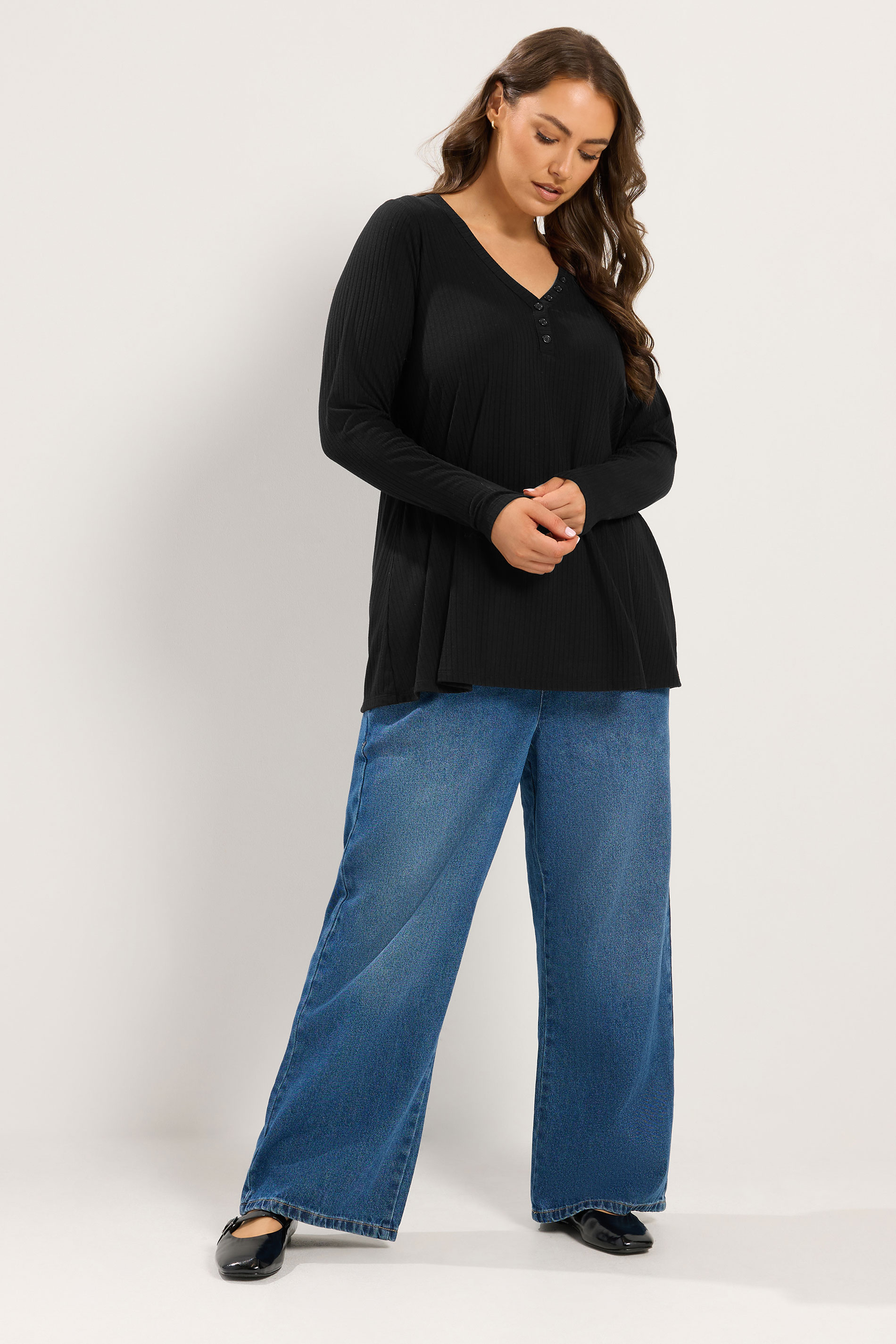 YOURS Plus Size Black Henley Ribbed Swing Top | Yours Clothing 1