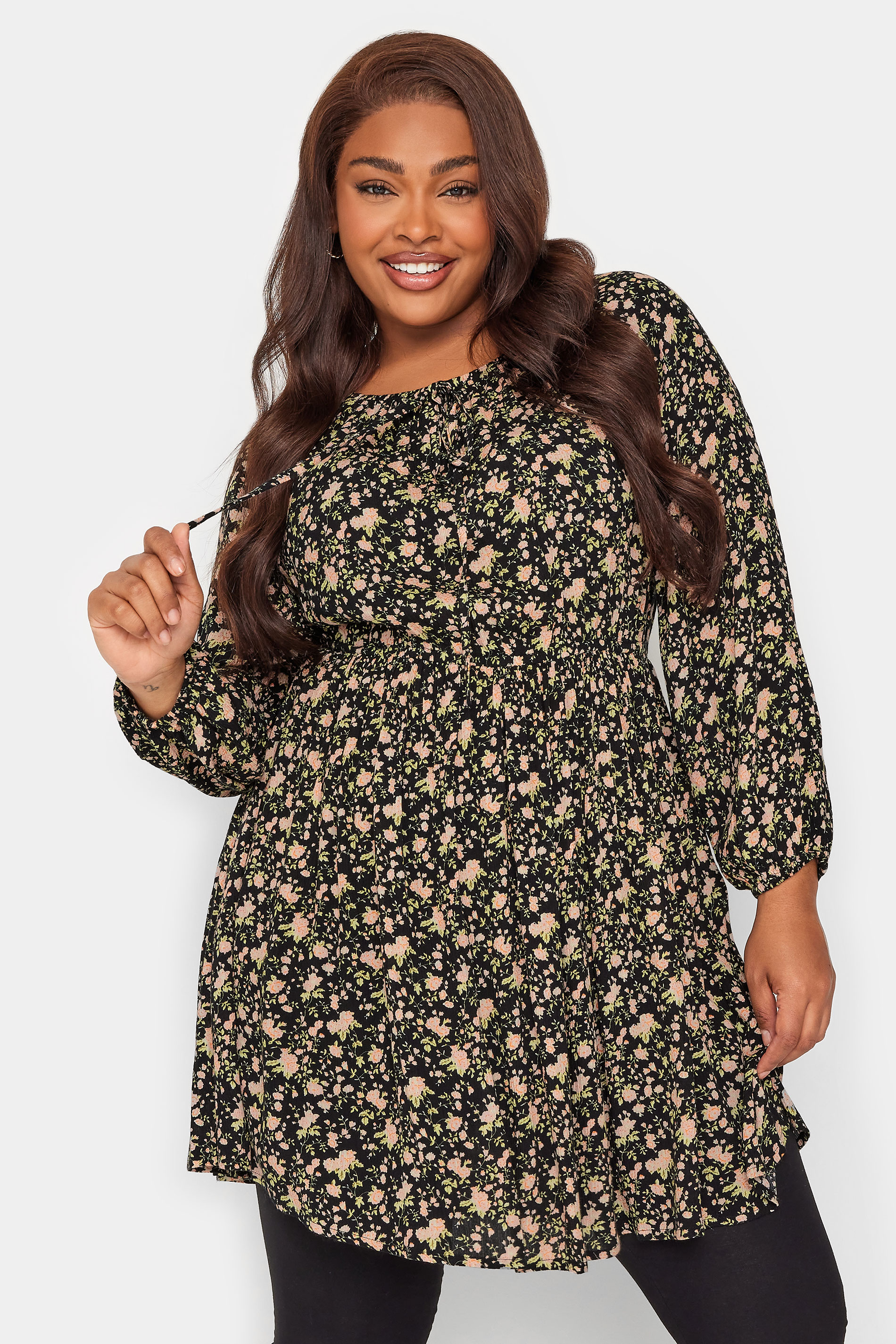 YOURS Plus Size Black Floral Print Long Sleeve Gypsy Tunic Top | Yours Clothing 2
