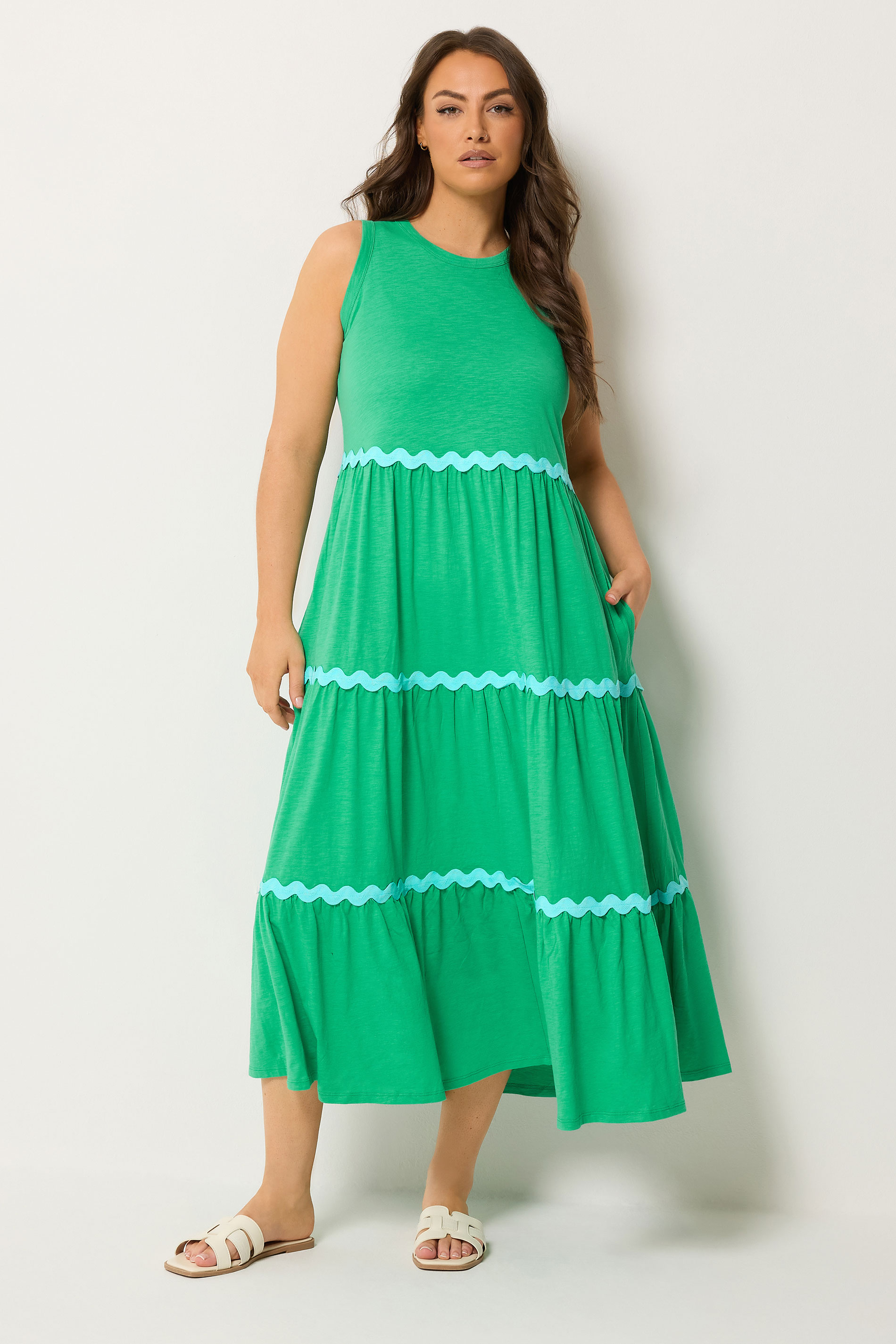 YOURS Plus Size Green Swirl Trim Tiered Maxi Dress | Yours Clothing 1