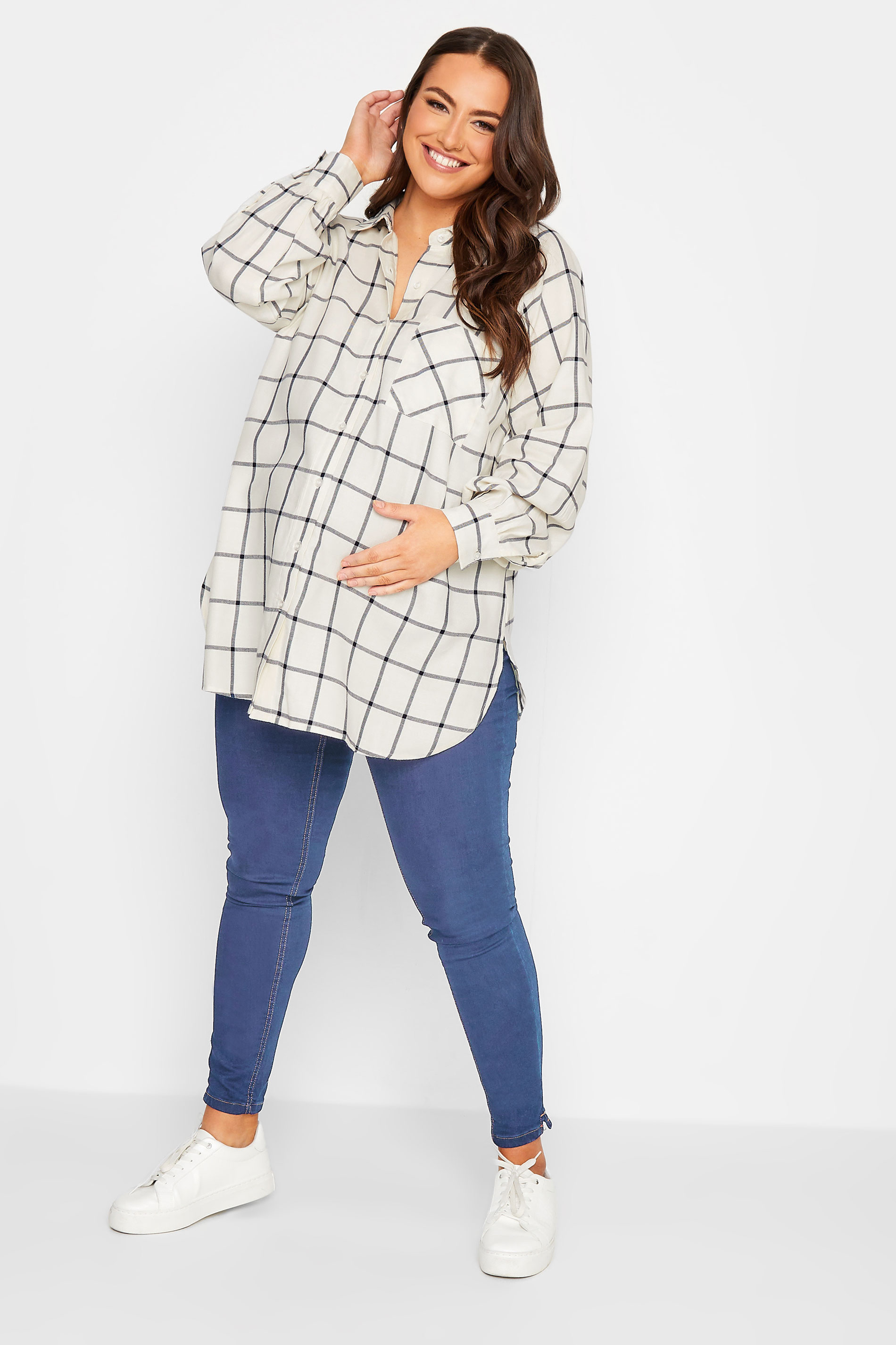 BUMP IT UP MATERNITY Curve White & Black Check Long Sleeve Shirt | Yours Clothing 2