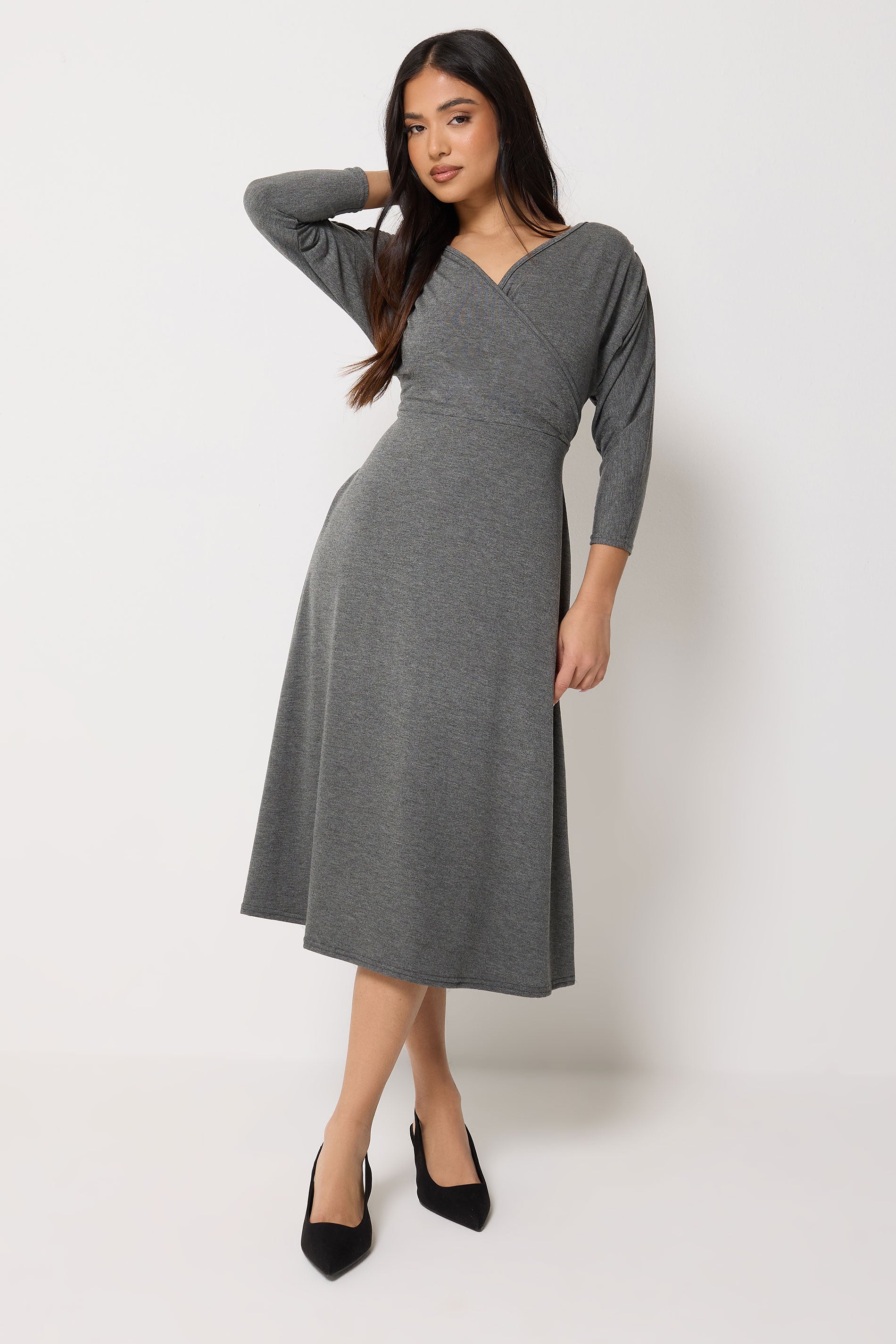 PixieGirl Petite Women's Charcoal Grey Wrap Midi Dress | PixieGirl 1