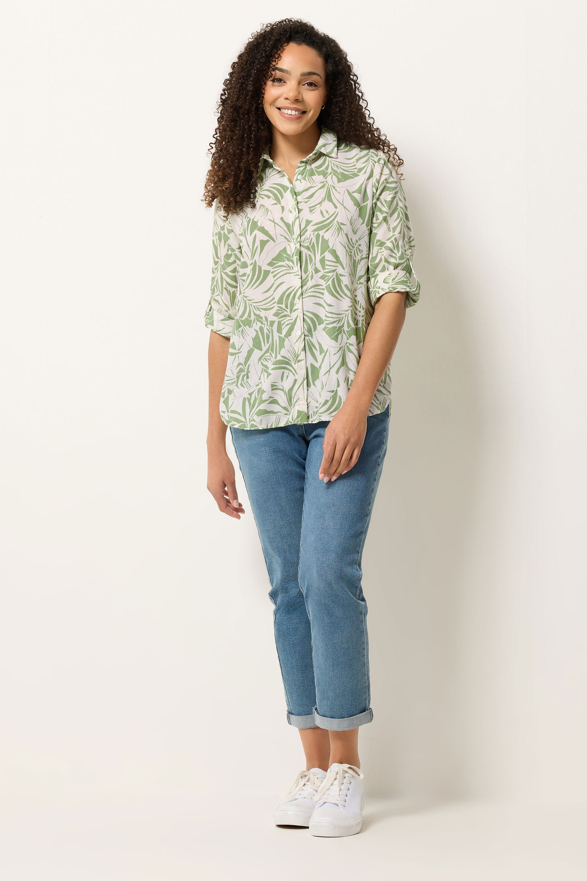 M&Co Khaki Green Leaf Print Tab Sleeve Shirt 1