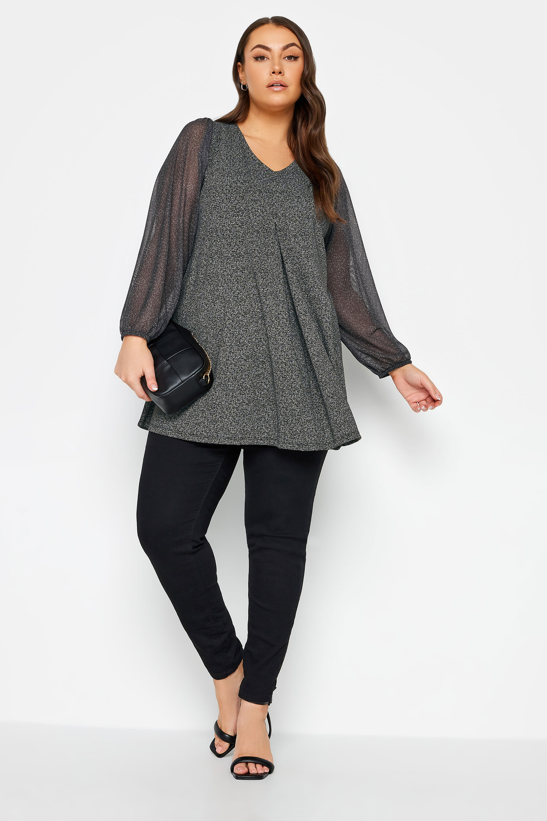 YOURS Plus Size Grey Mesh Sleeve Pleated Top | Yours Clothing 2