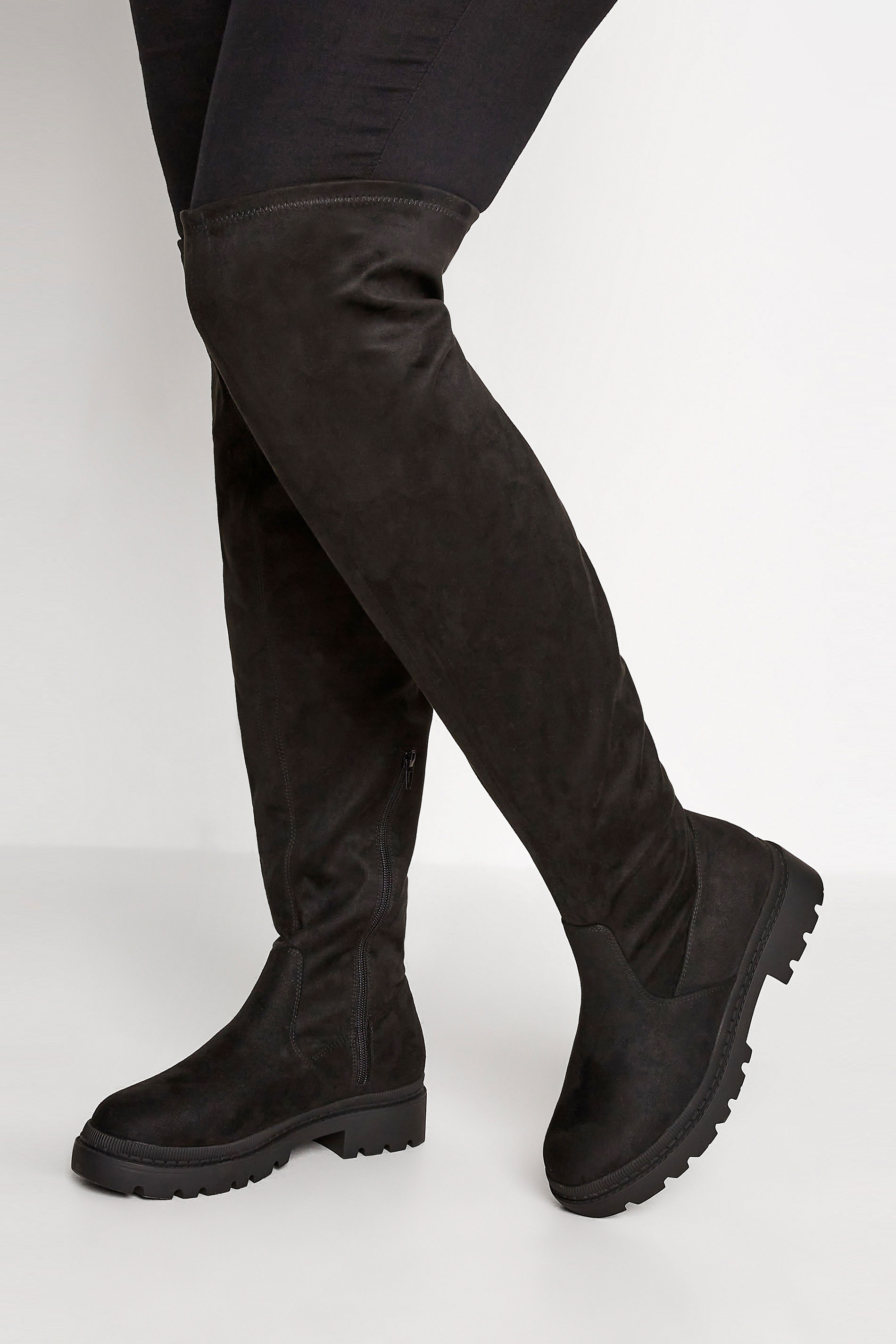 LIMITED COLLECTION Black Chunky Over The Knee Boots In Wide & Extra Wide Fit | Yours Clothing 1