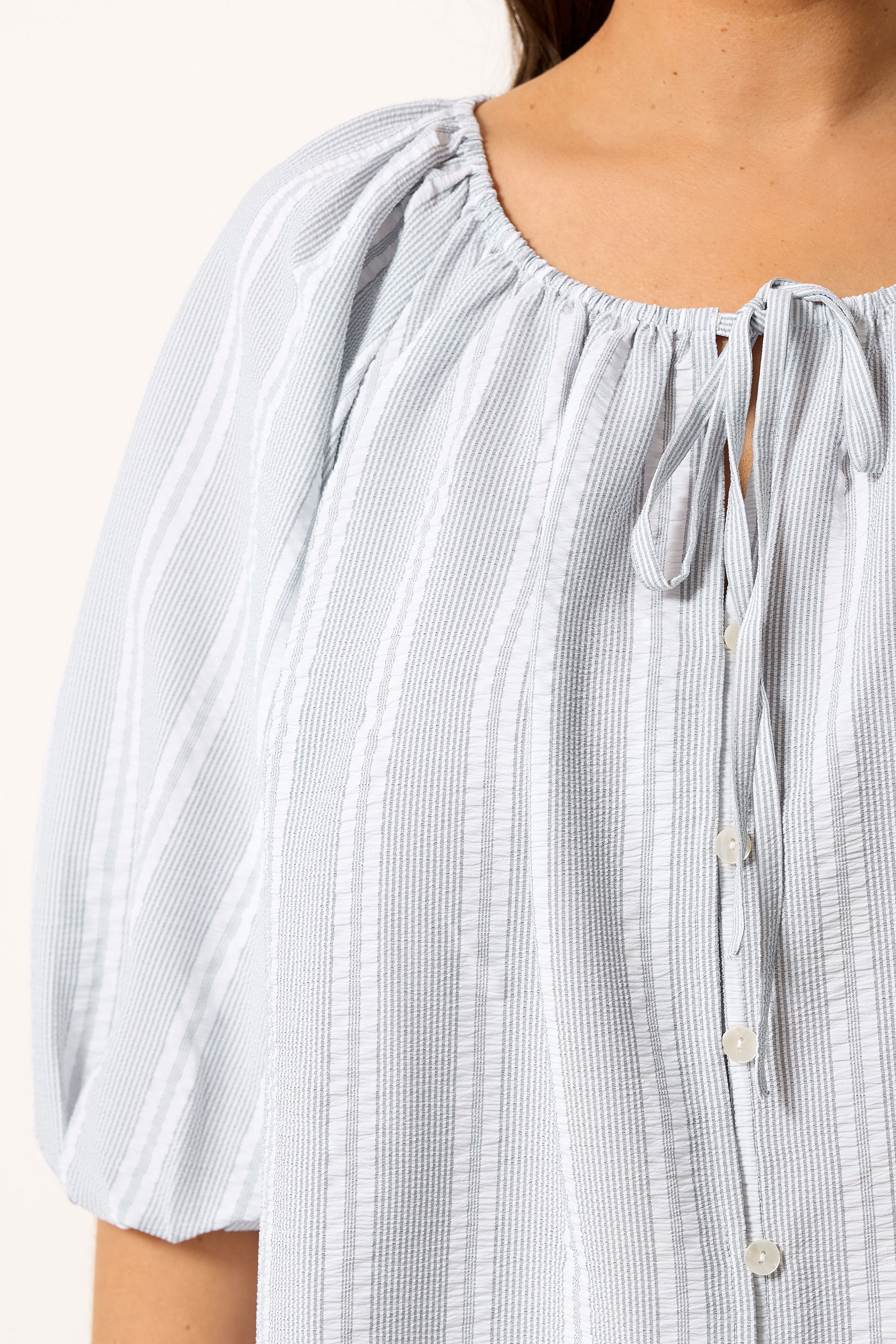 YOURS Plus Size Grey Stripe Tie Neck Top | Yours Clothing 2