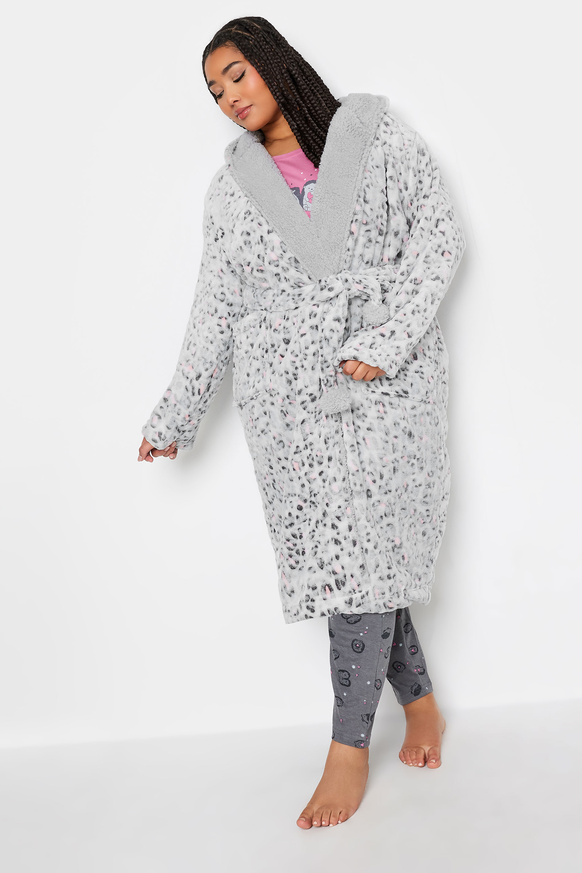 Yours Plus Size Light Grey Animal Print Hooded Dressing Gown | Yours Clothing 1