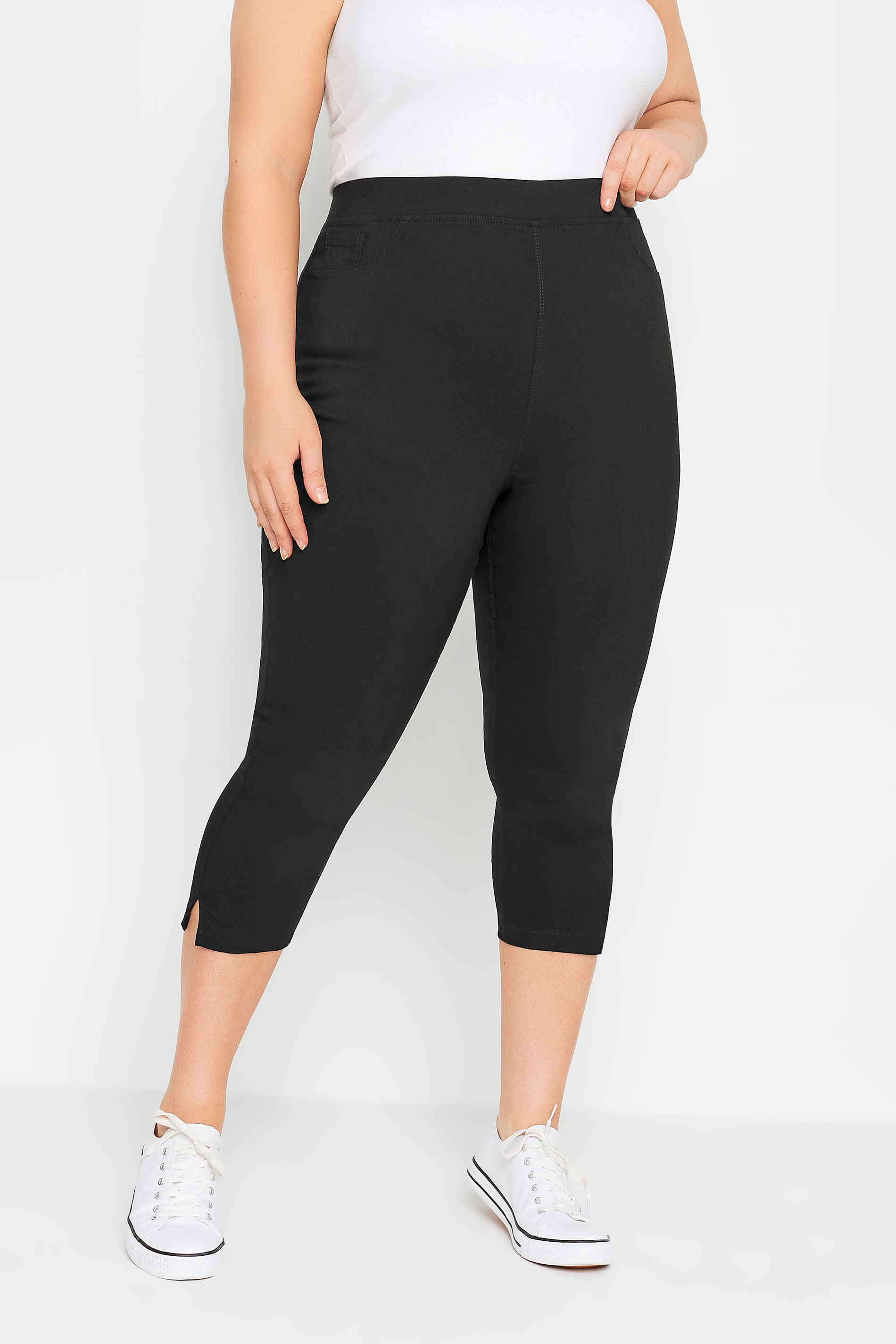 Black Bengaline Cropped Pull On Trousers, plus size 16 to 36 1