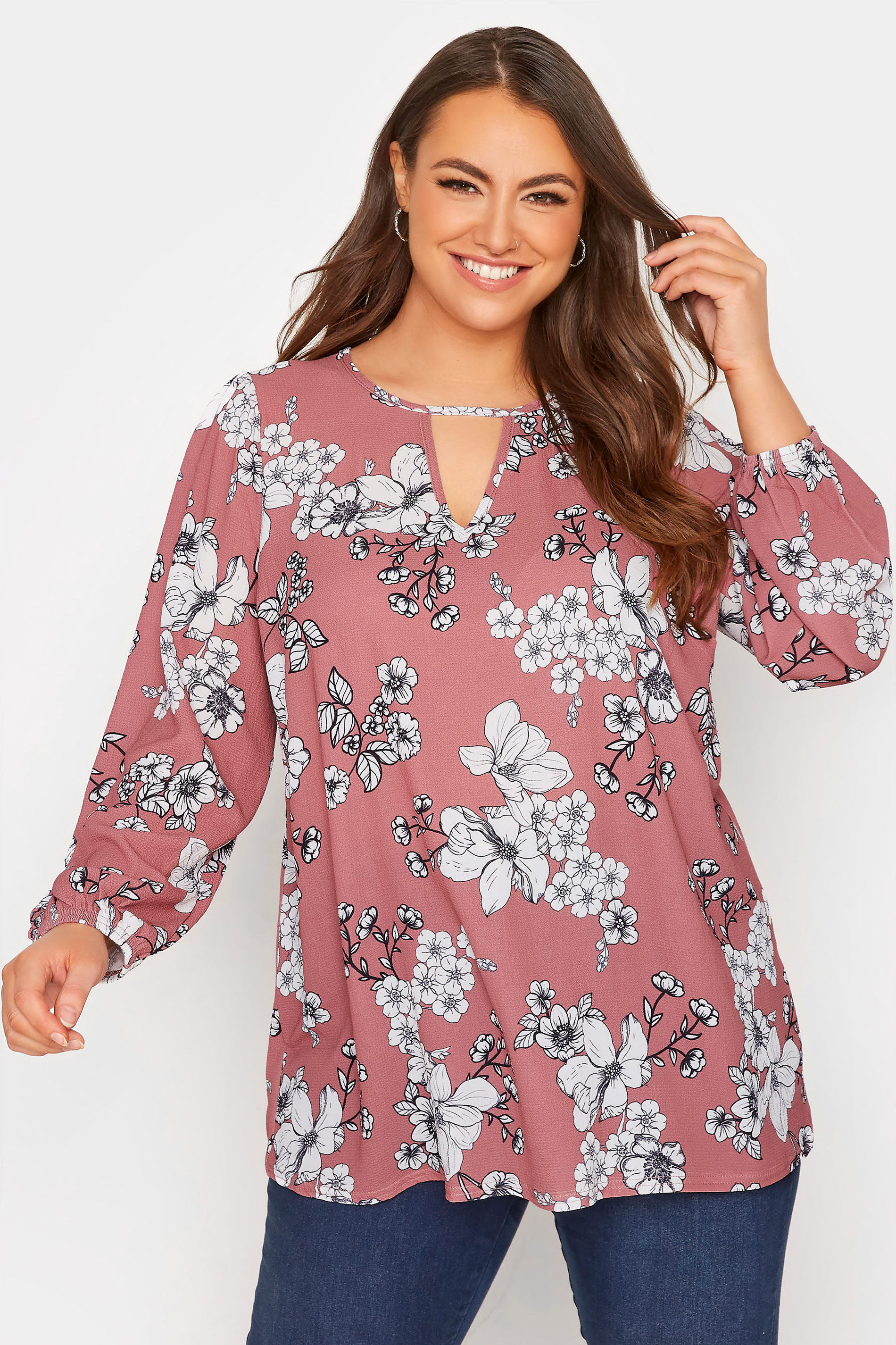 YOURS LONDON Curve Pink Floral Print Keyhole Balloon Sleeve Blouse_A.jpg