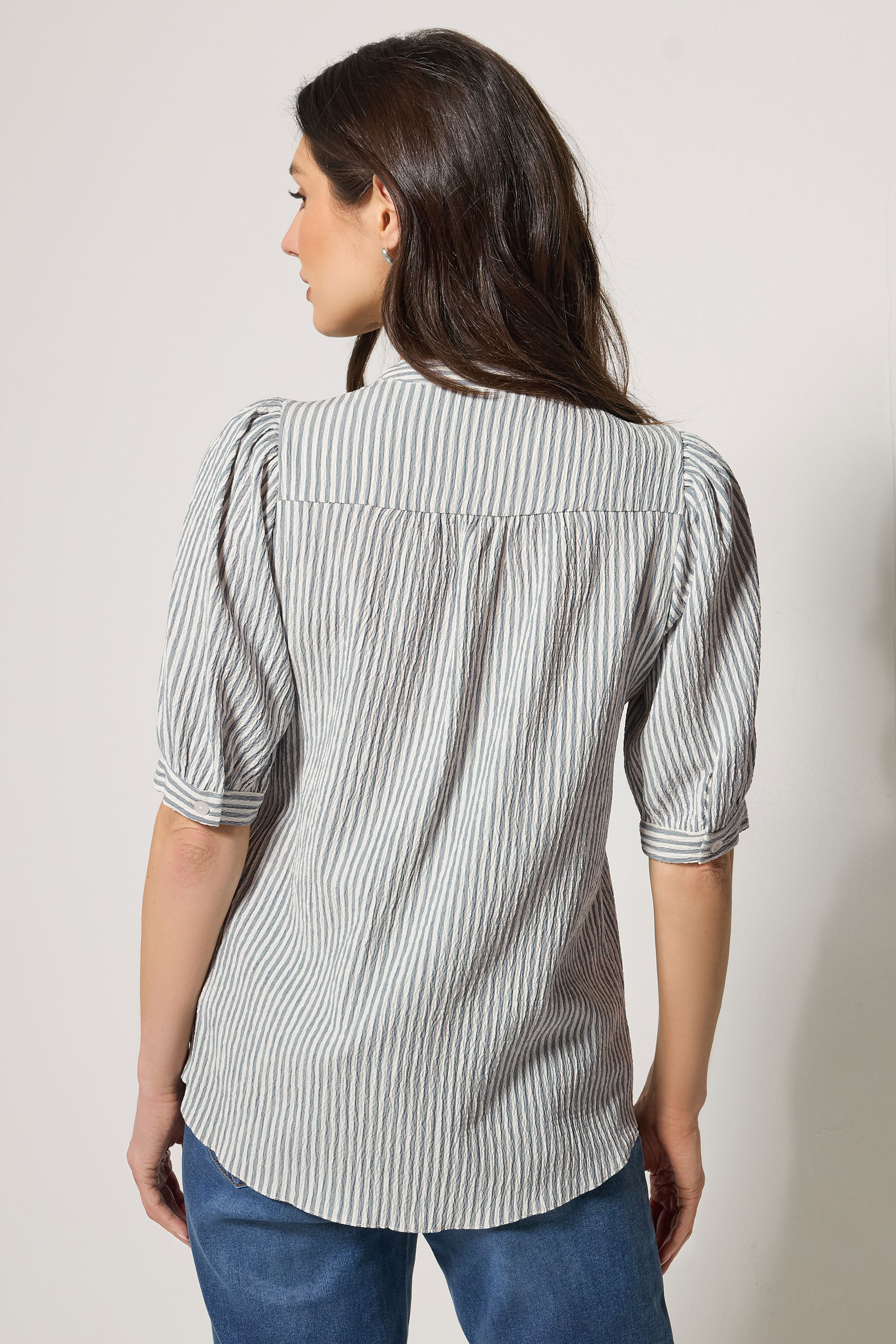 M&Co Blue Stripe Textured Puff Sleeve Shirt | M&Co 2