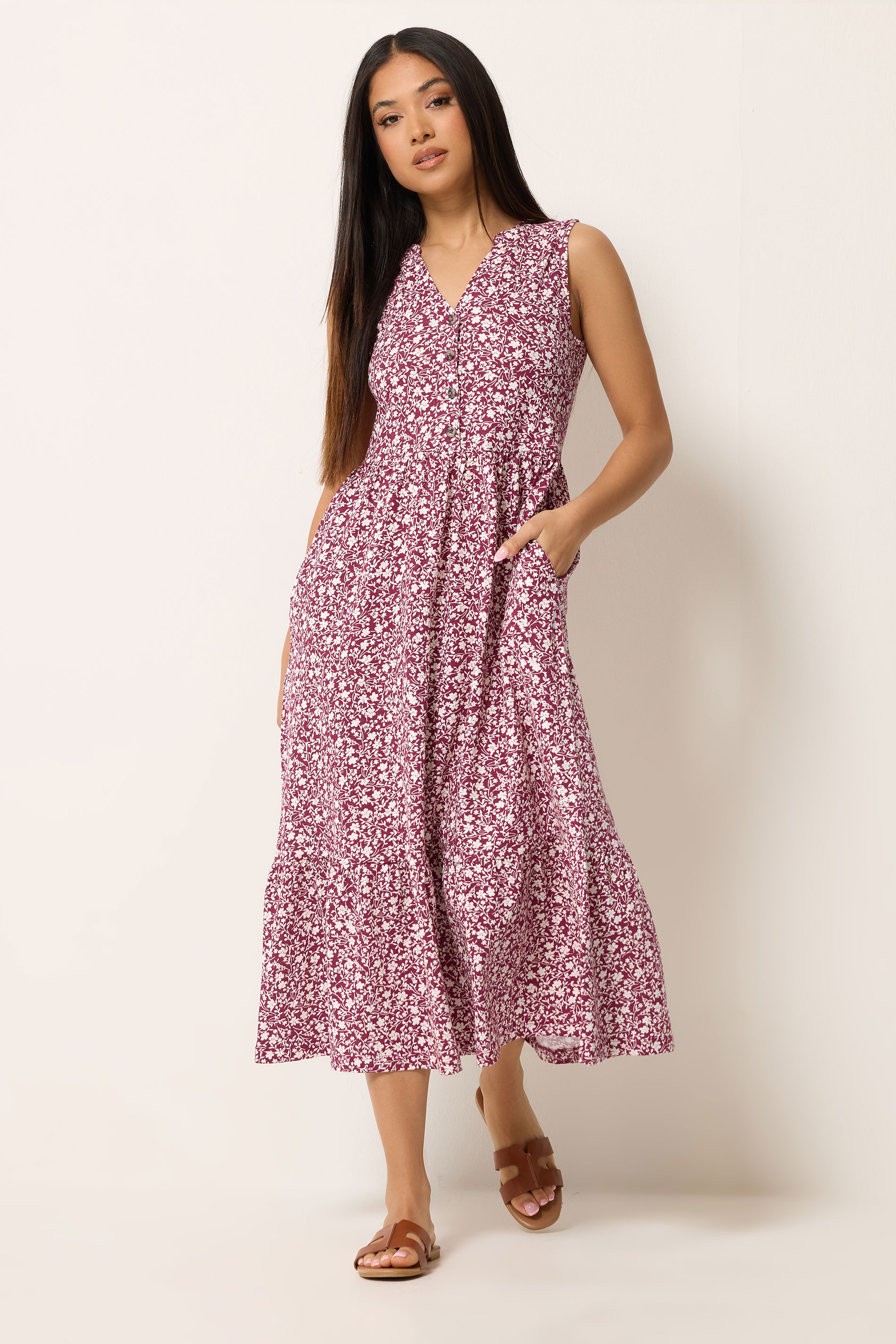 M&Co Petite Berry Red Floral Cotton Tiered Midi Dress | M&Co  1