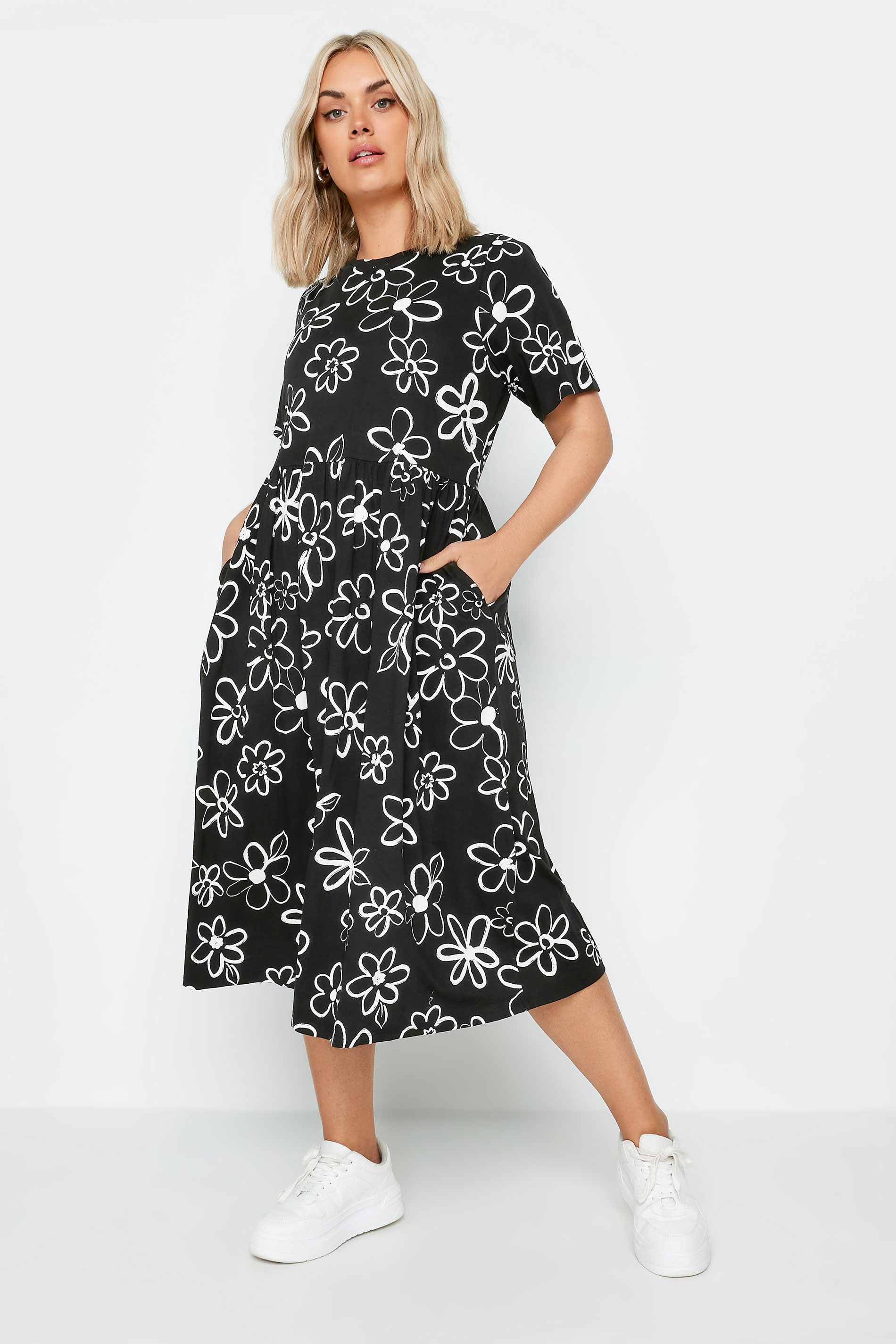 YOURS Plus Size Black Floral Doodle Print Pure Cotton Midaxi Dress | Yours Clothing 1