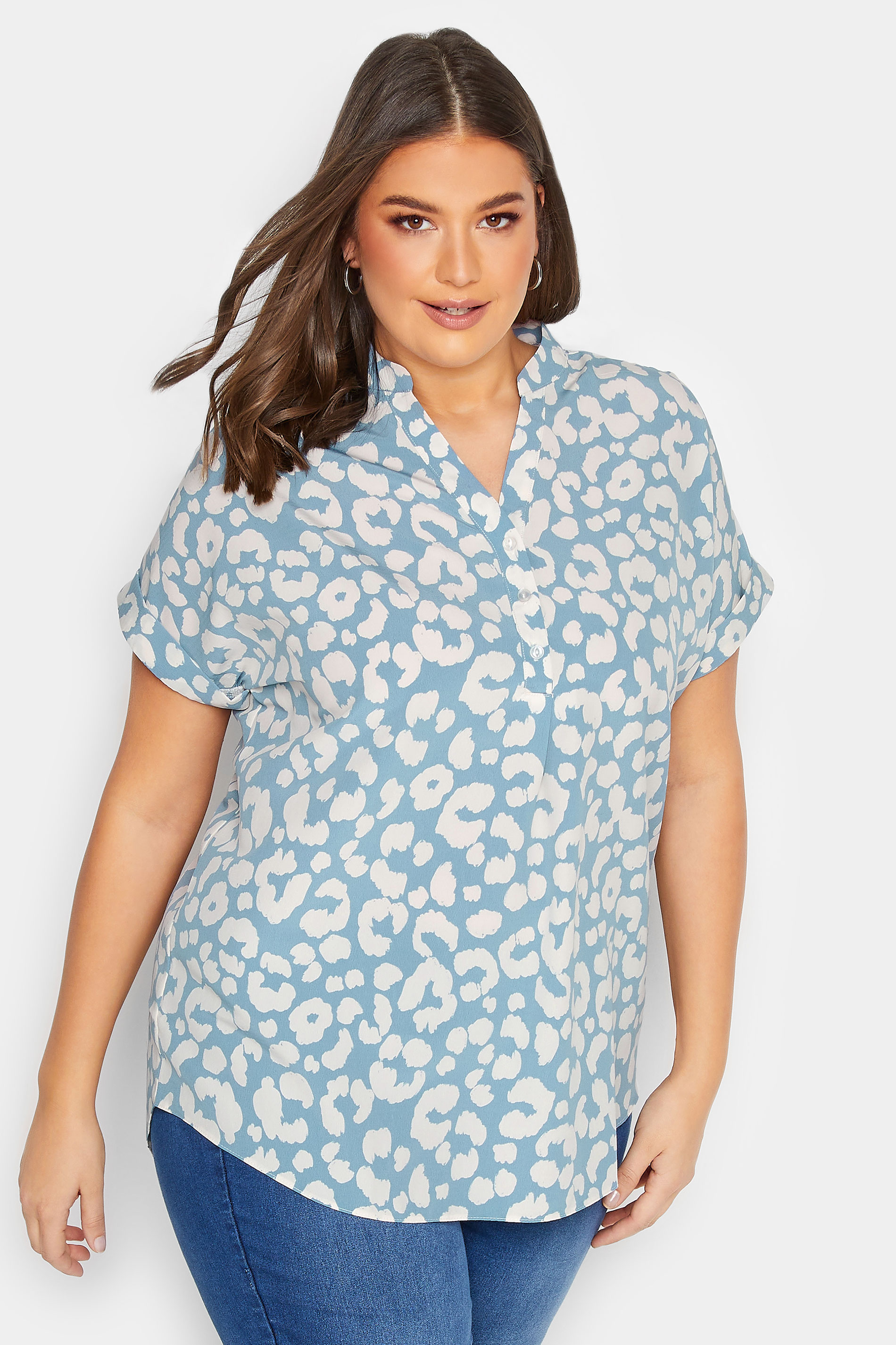 YOURS Plus Size Blue Animal Print Half Placket Blouse | Yours Clothing  1