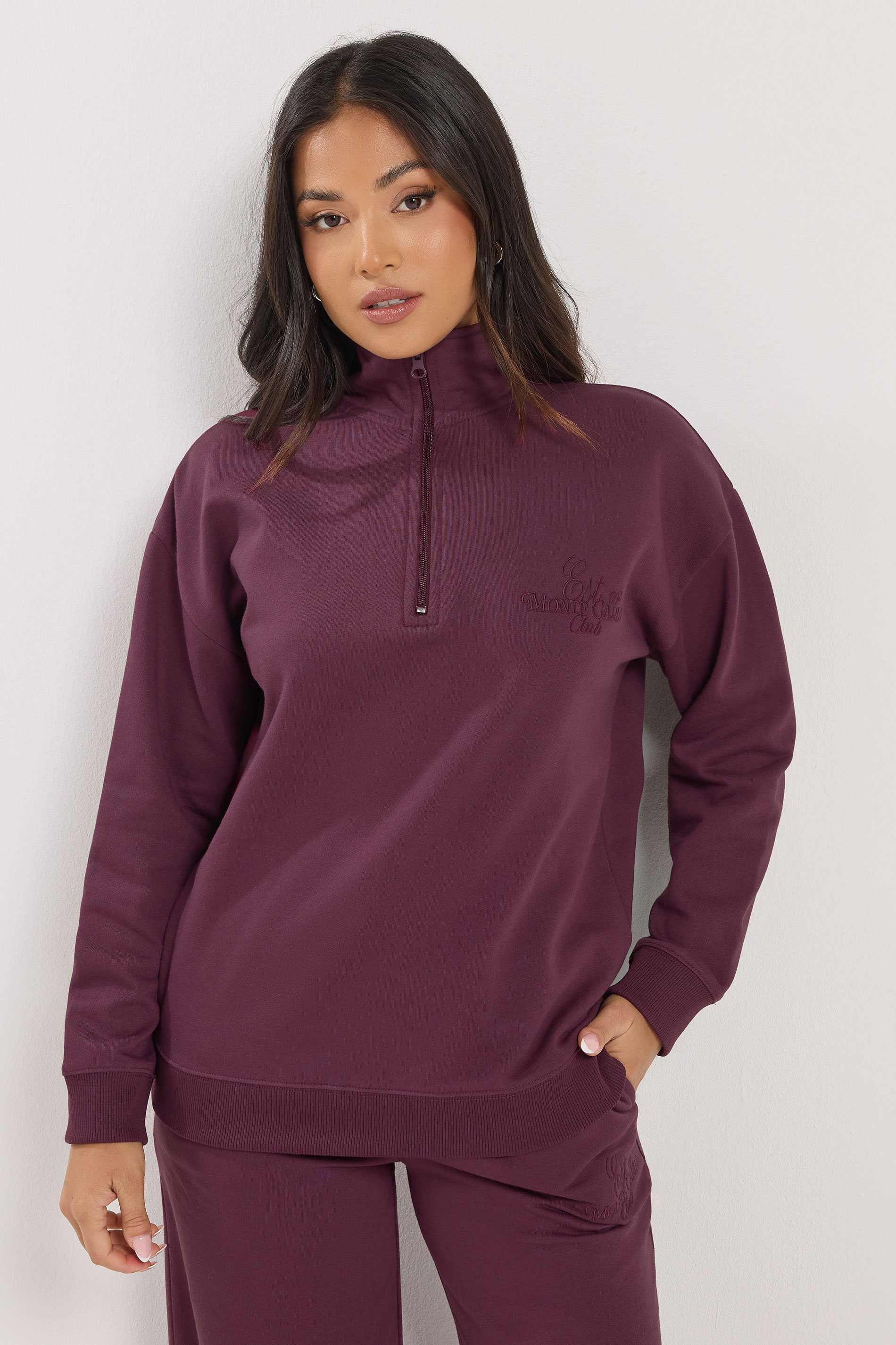 PixieGirl Petite Women's Burgundy Red 'Monte Carlo' Slogan Quarter Zip Sweatshirt | PixieGirl 2