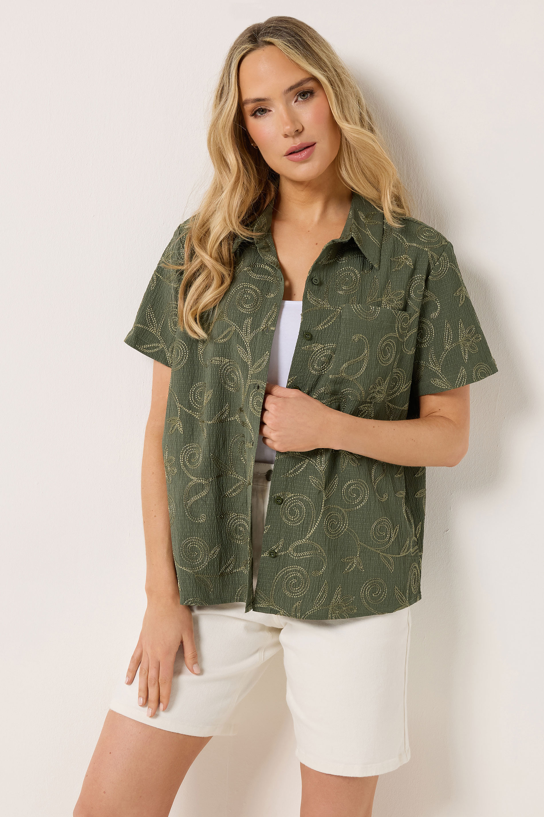 LTS Tall Women's Olive Green Floral Embroidered Shirt | Long Tall Sally 1