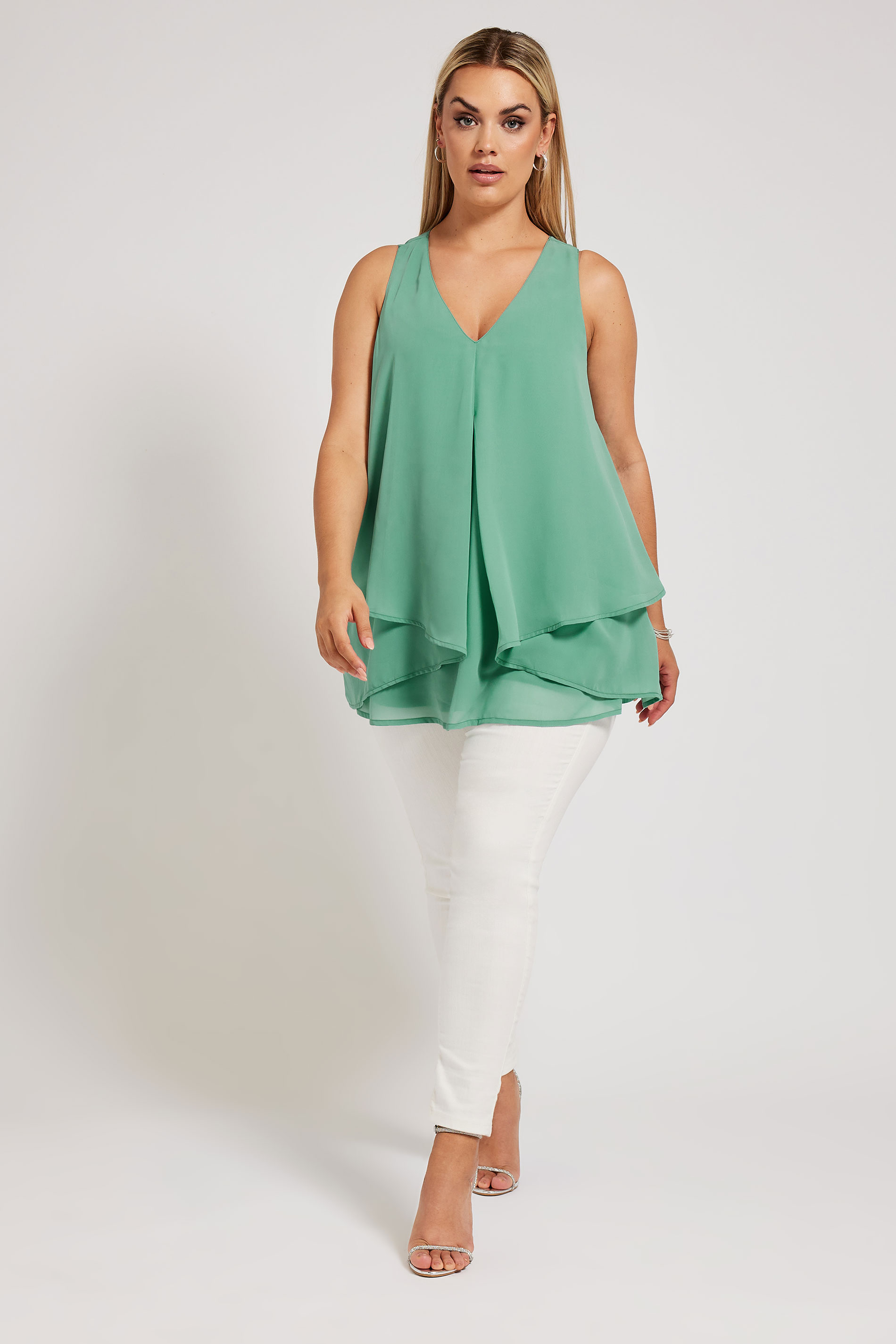 YOURS LONDON Plus Size Green Layered Sleeveless Blouse | Yours Clothing 2