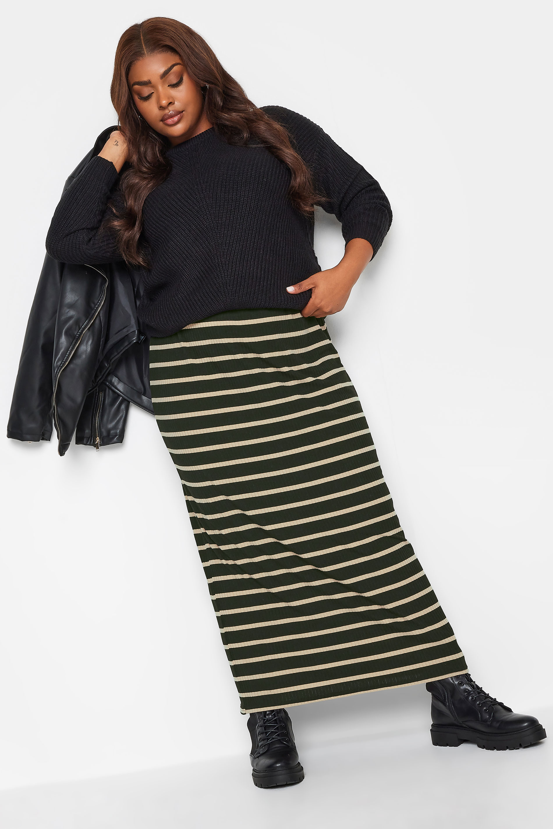YOURS Plus Size Black & Beige Brown Stripe Ribbed Maxi Skirt | Yours Clothing 2