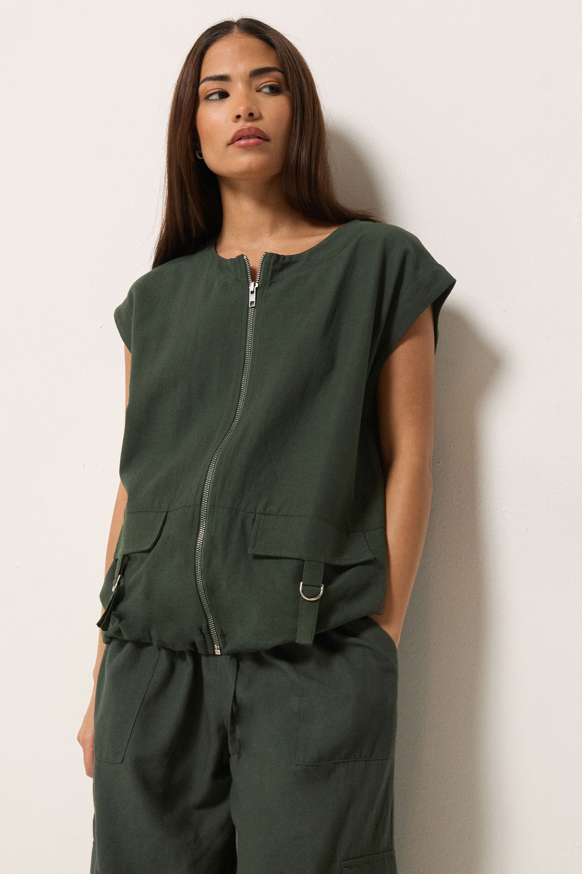 PixieGirl Petite Women's Set Khaki Green Cotton Cargo Gilet & Wide Leg Trousers | PixieGirl 1