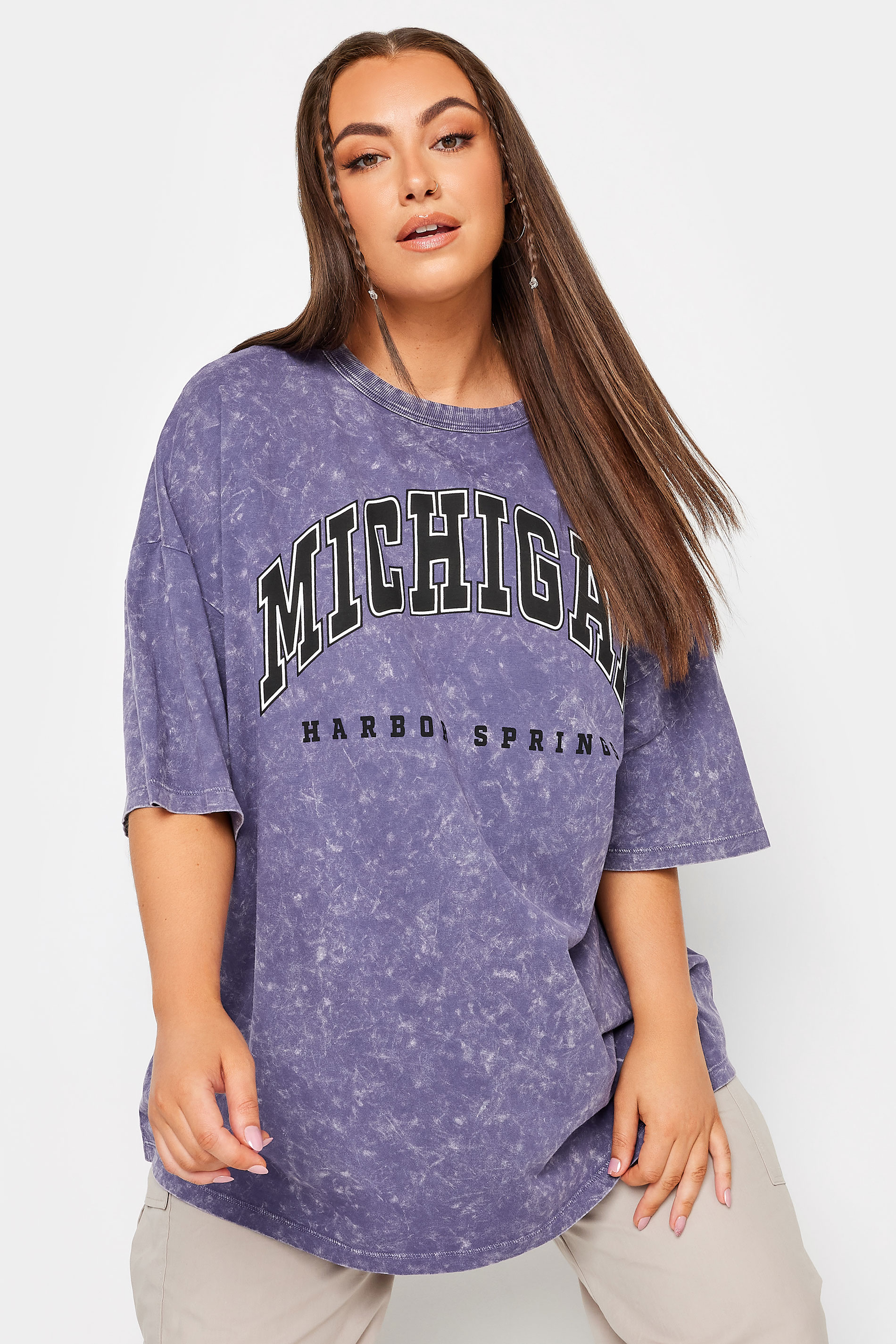 YOURS Plus Size Purple 'Michigan' Slogan Acid Wash Oversized Boxy T-Shirt | Yours Clothing  1