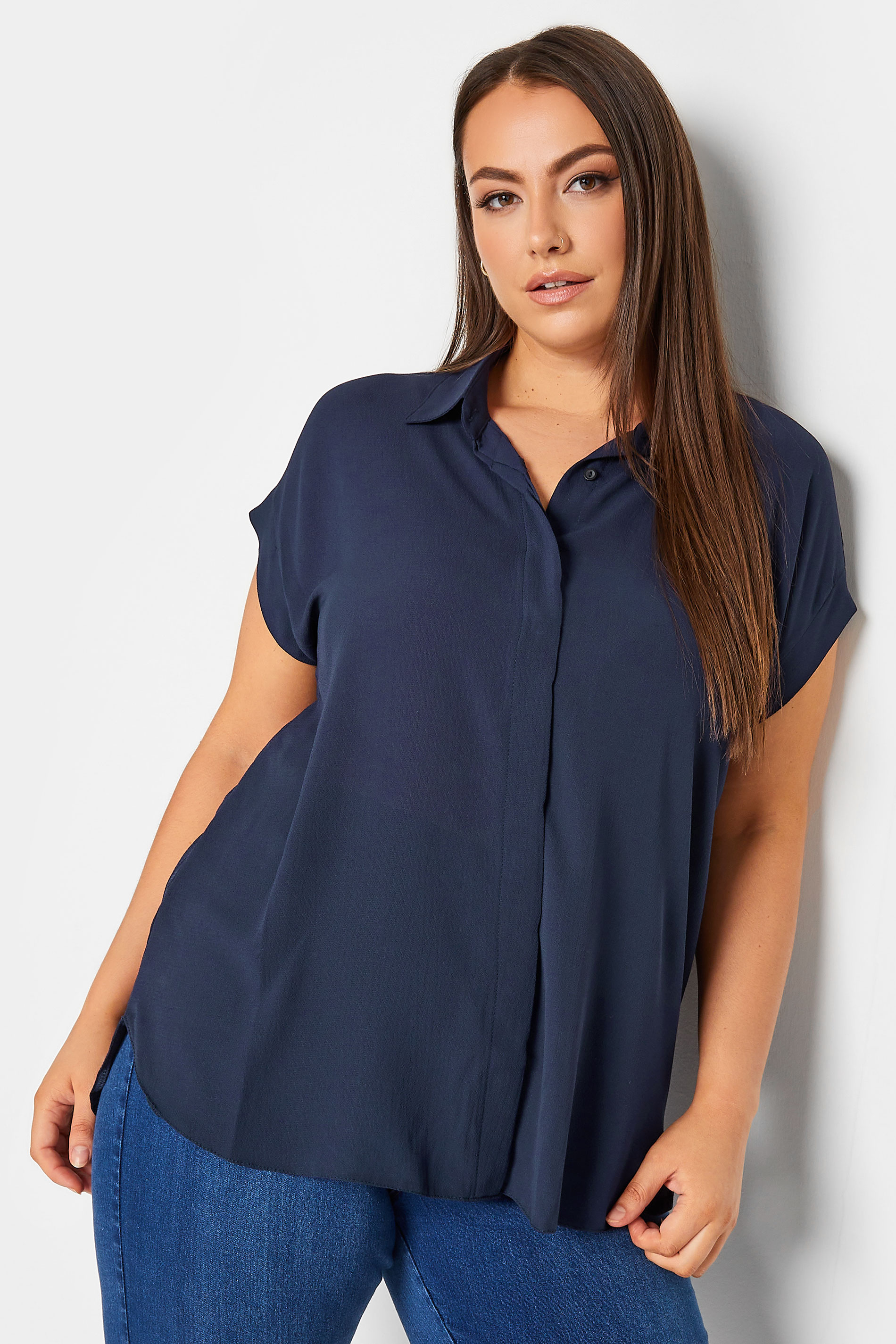 YOURS Curve Plus Size Navy Blue Collared Shirt | Yours Clothing  1