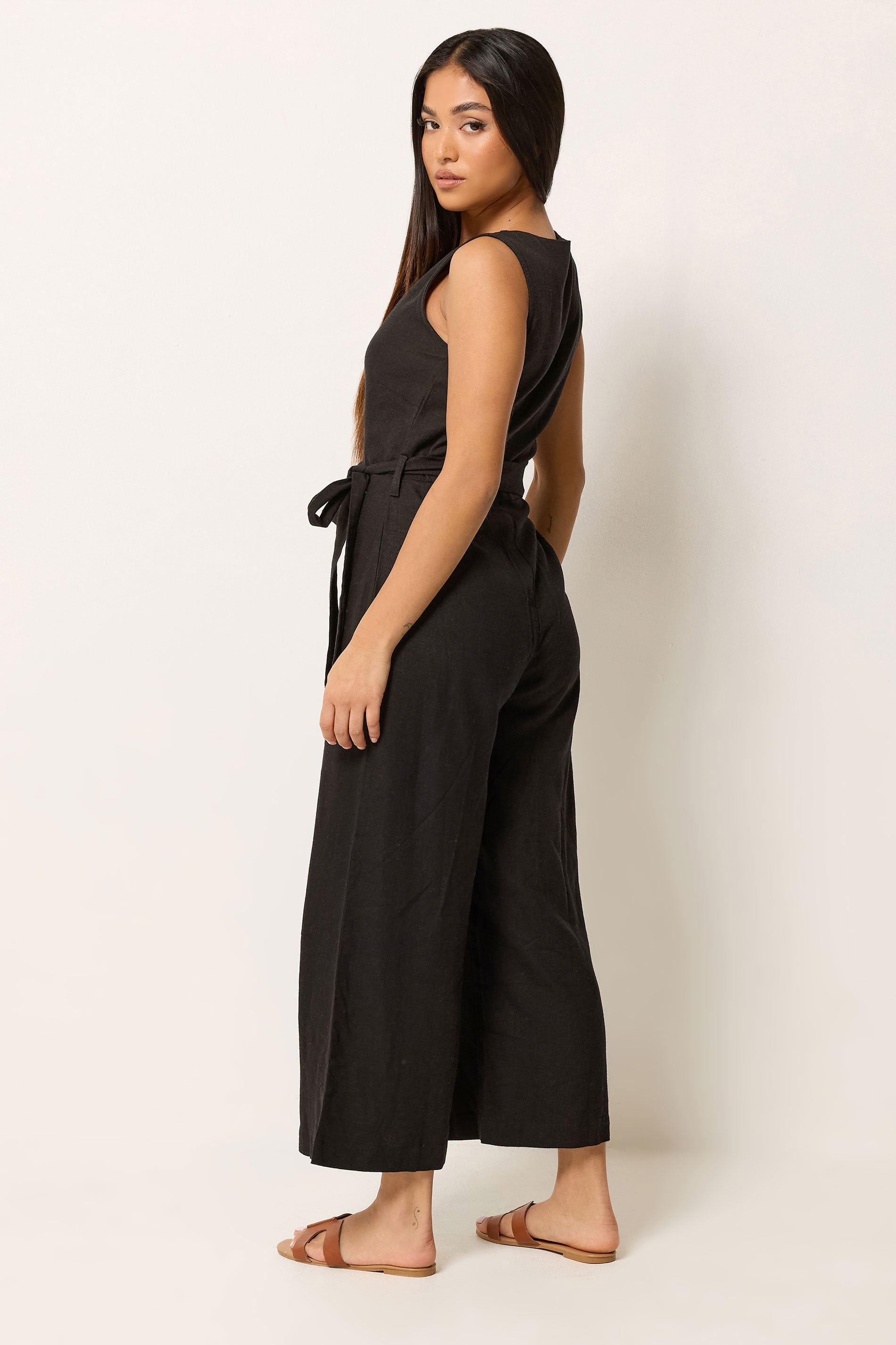 M&Co Petite Black Tie Waist Linen Jumpsuit | M&Co 2