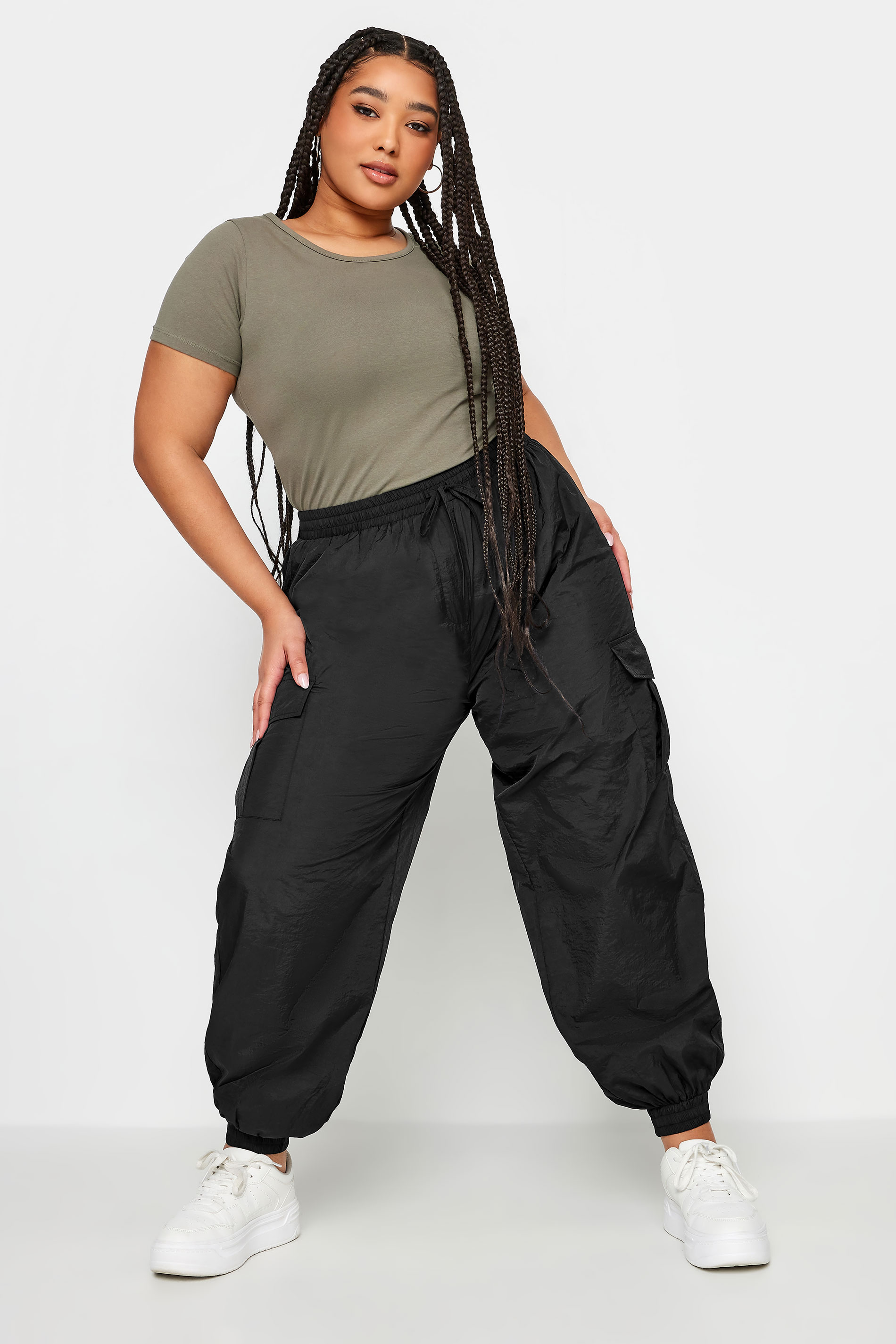 YOURS Plus Size Black Cargo Pocket Parachute Trousers | Yours Clothing 2