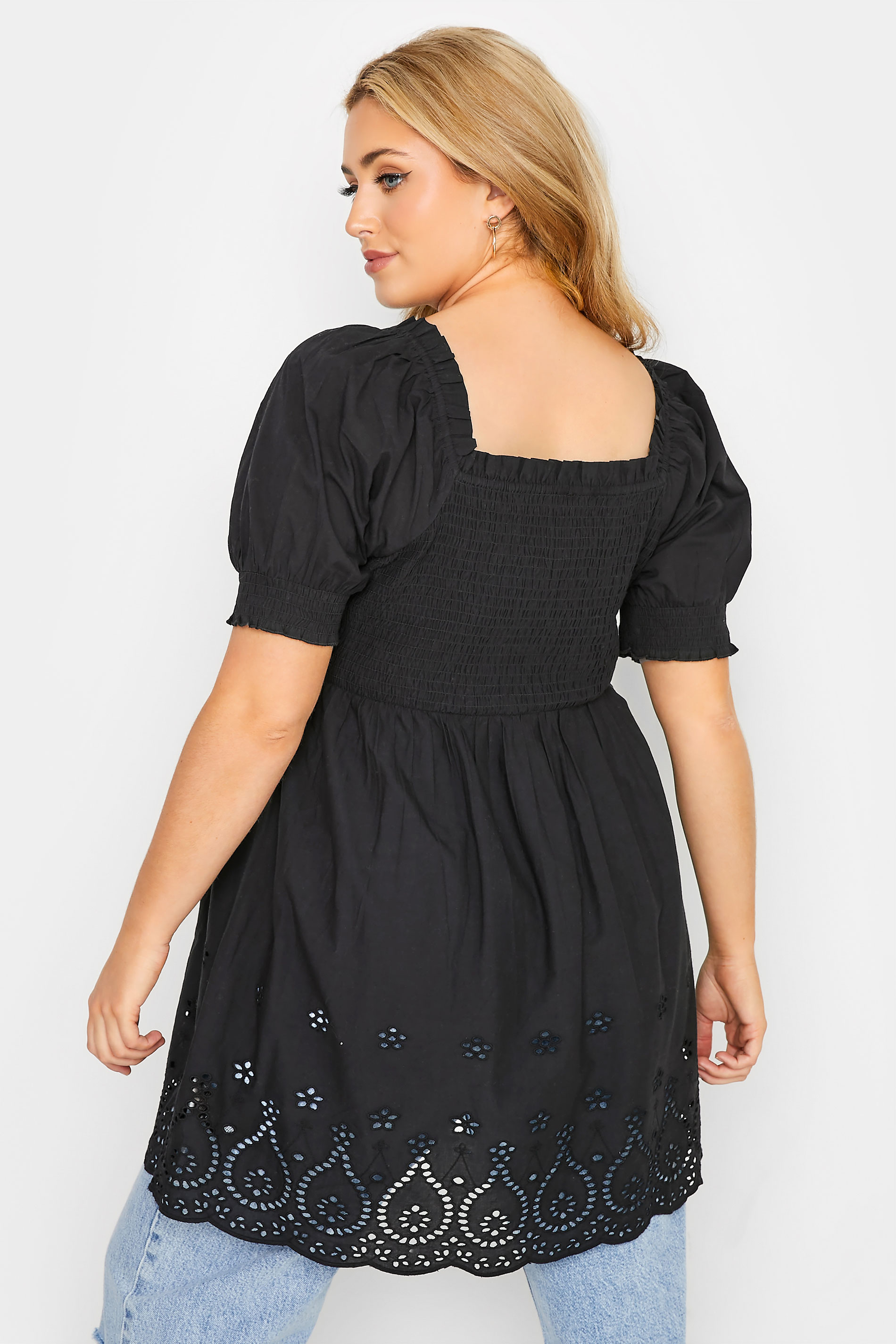Plus Size Black Shirred Broderie Anglaise Top |  Yours Clothing 3