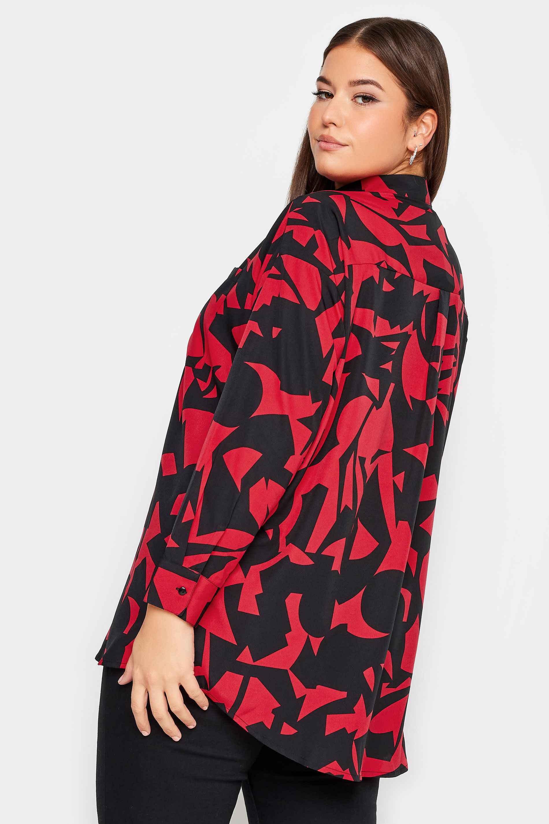YOURS Plus Size Curve Red & Black Abstract Print Oversized Shirt | Yours Clothing  3