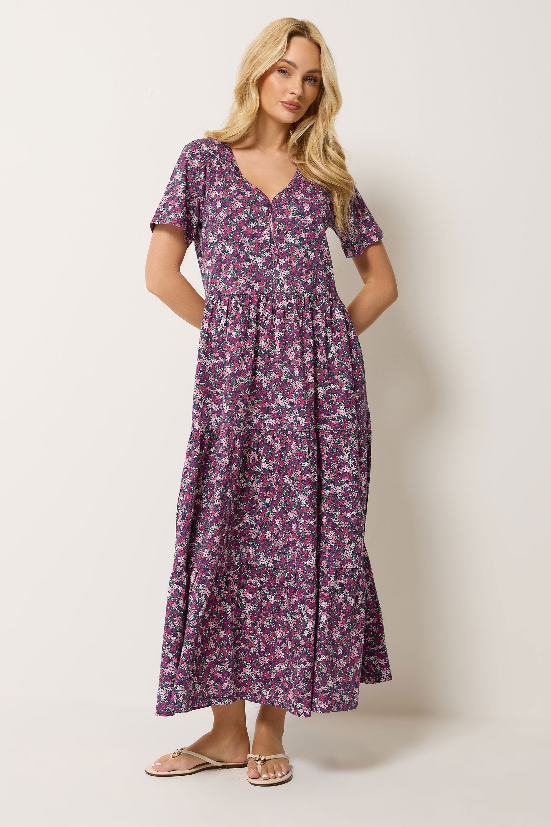 M&Co Berry Purple Ditsy Floral Cotton Tiered Maxi Dress | M&Co 1