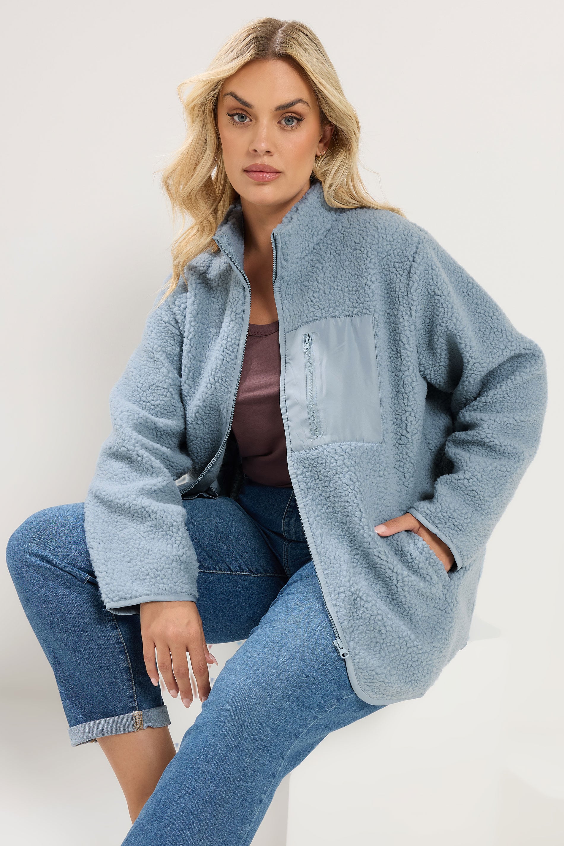 YOURS Plus Size Blue Teddy Borg Zip Through Fleece | Yours Clothing 1