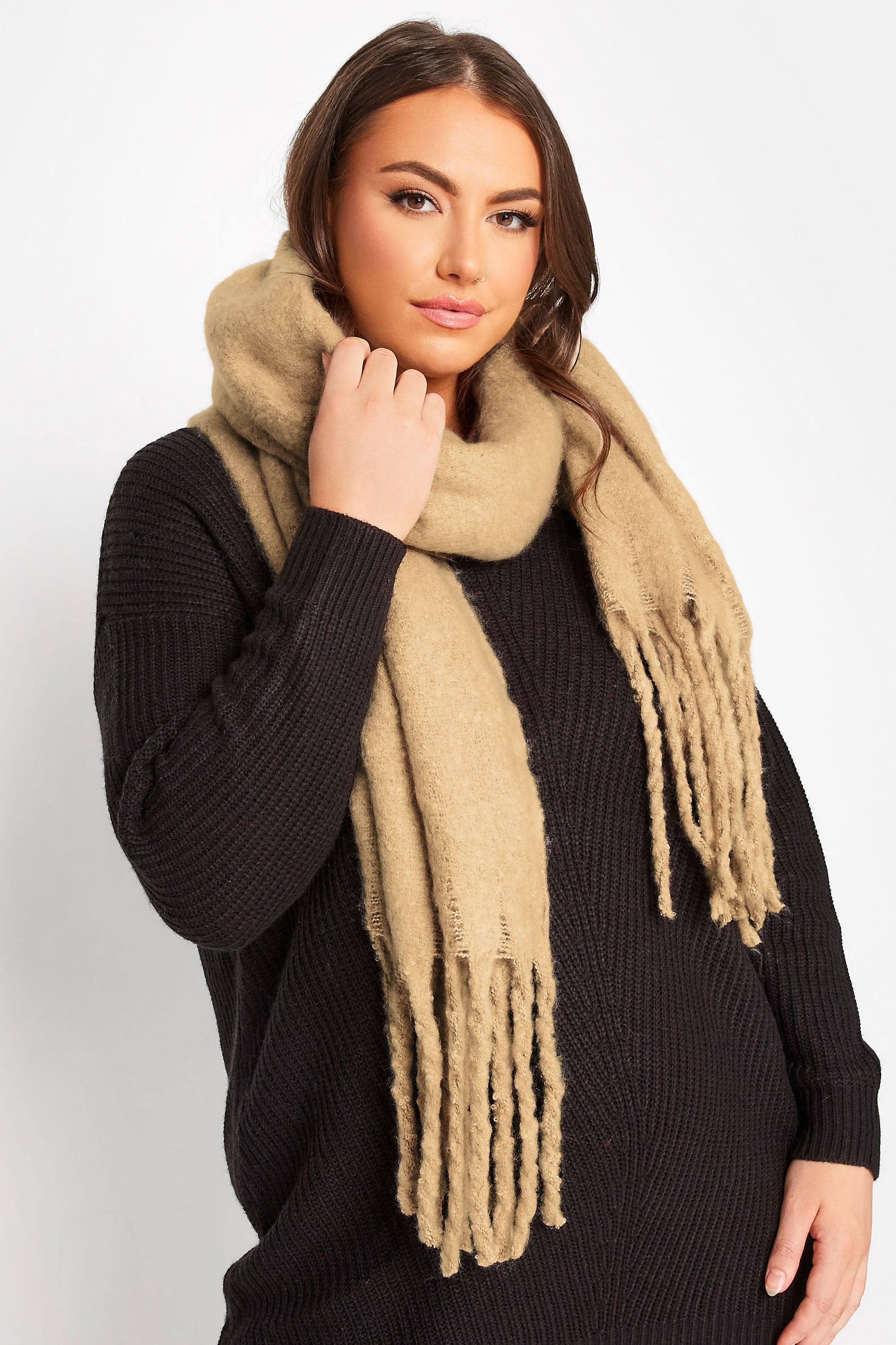 Beige Brown Super Soft Chunky Tassel Scarf | Yours Clothing 1