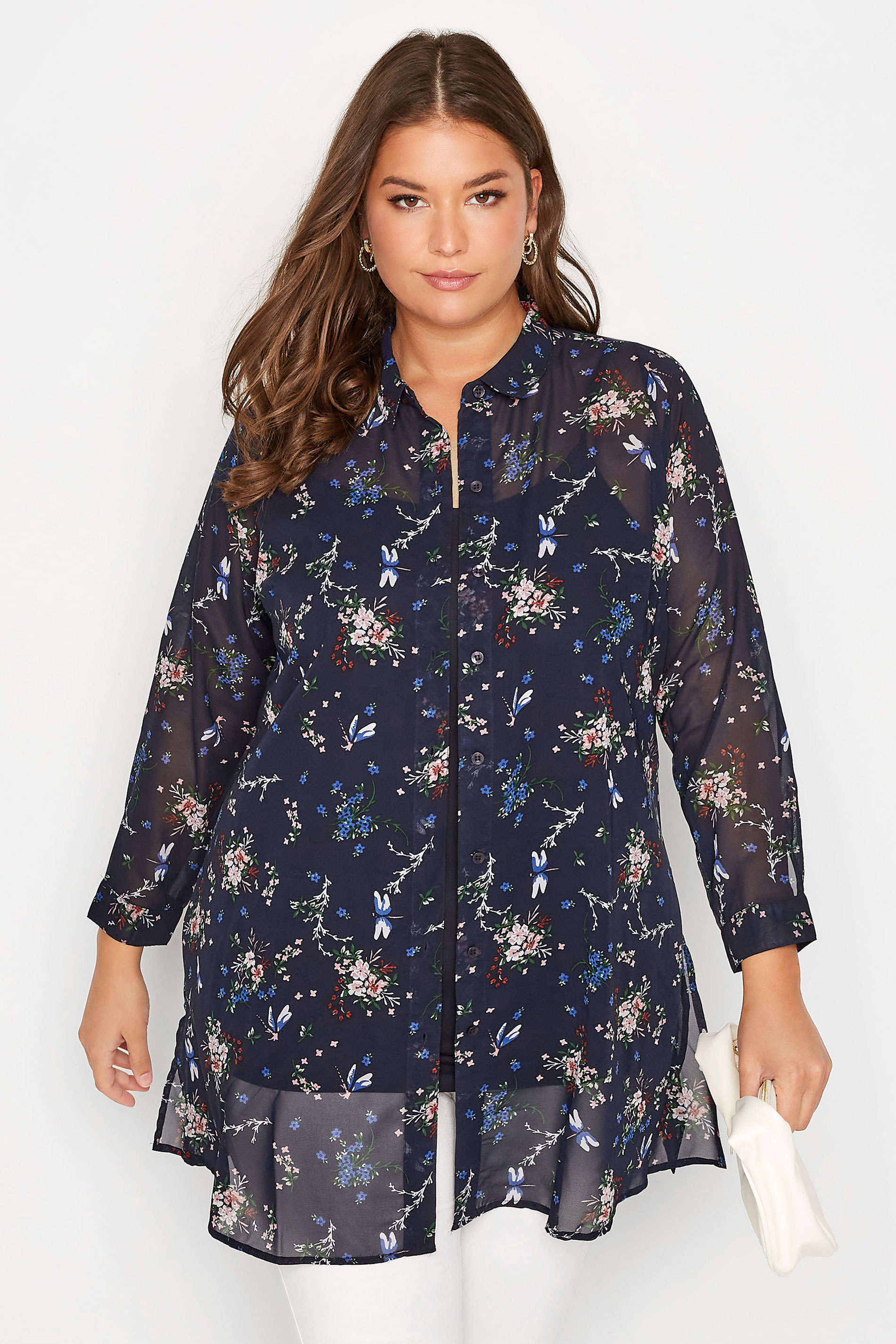 Plus Size Navy Blue Floral Print Button Through Shirt | Yours Clothing 1
