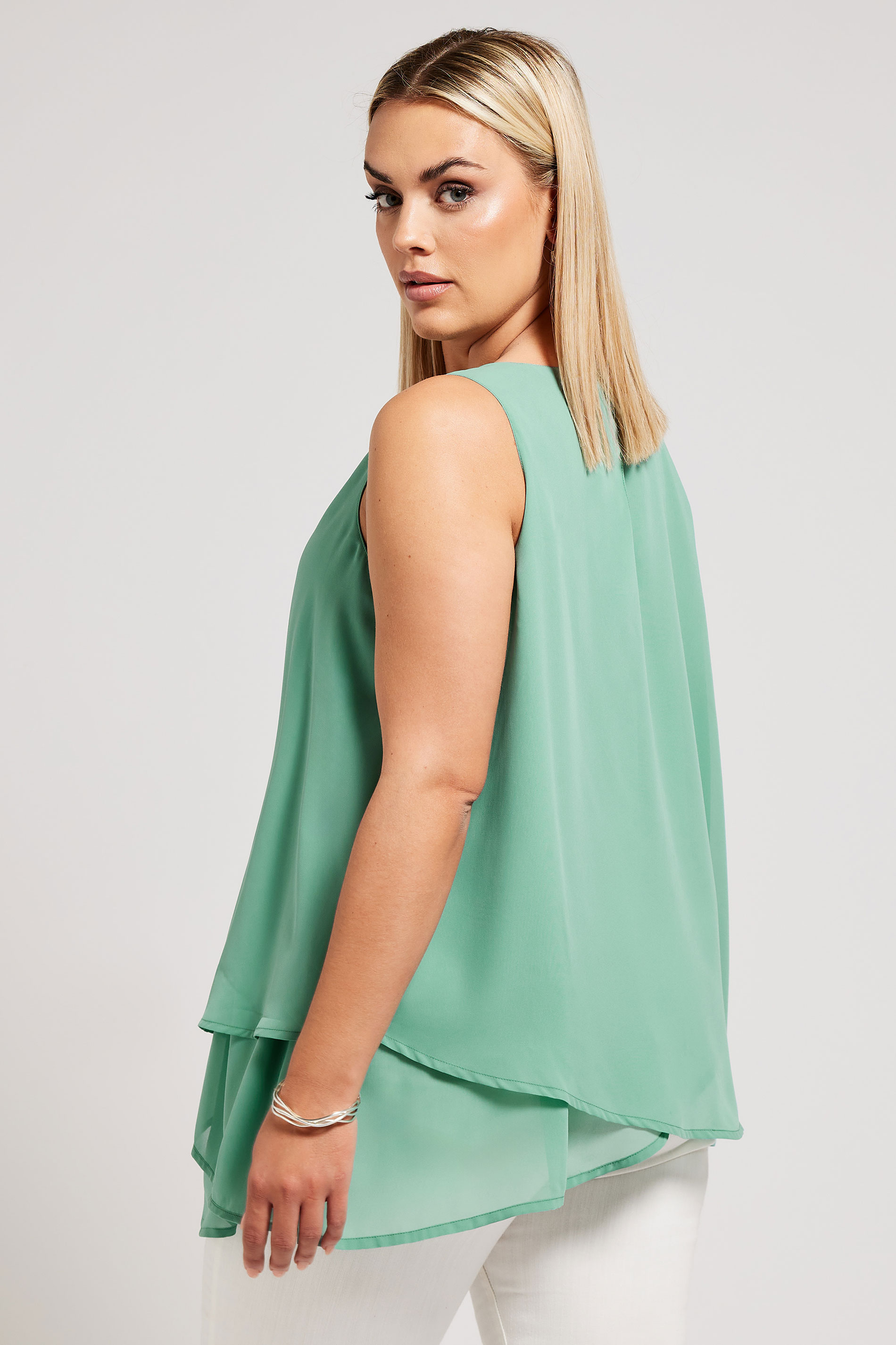YOURS LONDON Plus Size Green Layered Sleeveless Blouse | Yours Clothing 3