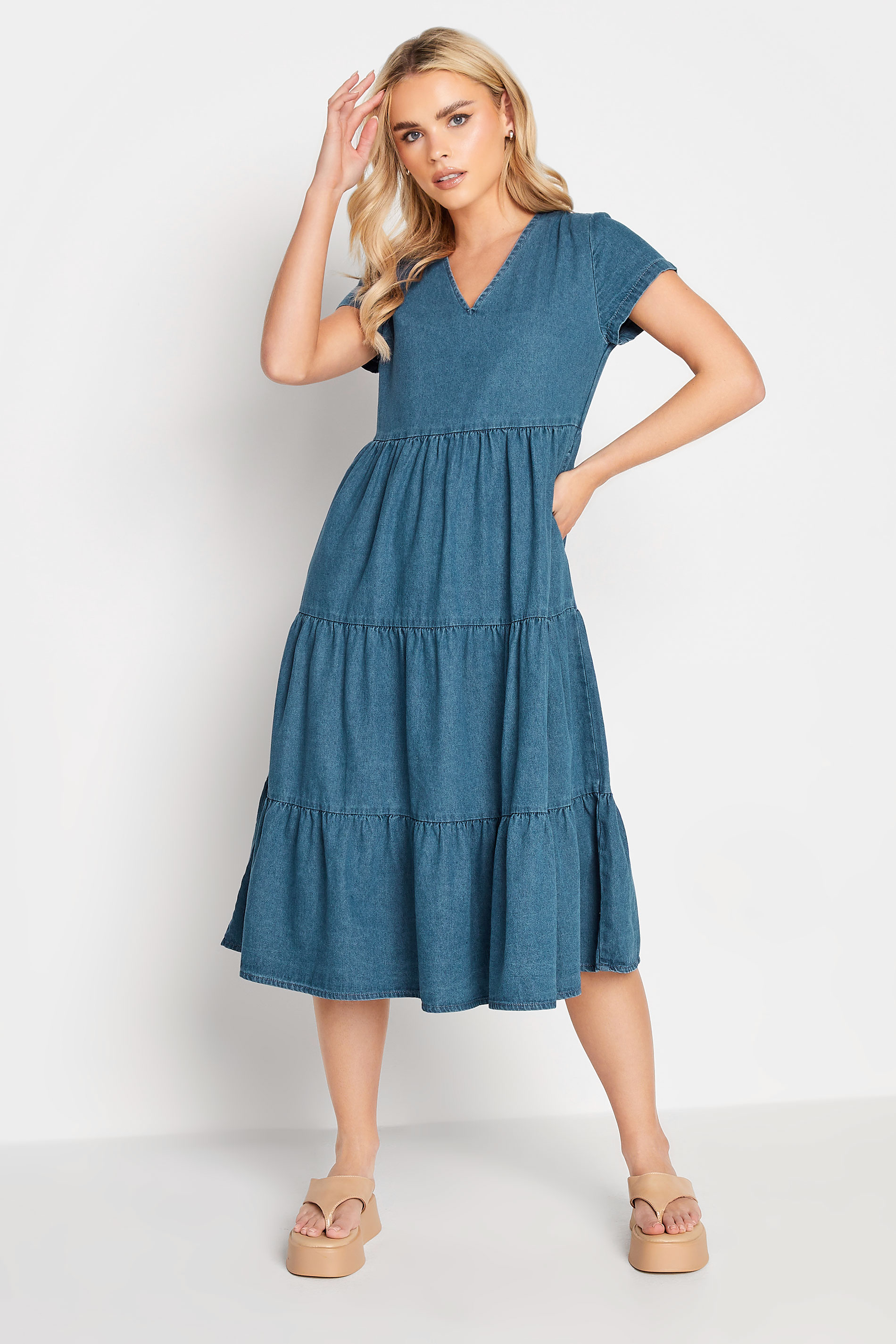 PixieGirl Petite Womens Blue Denim Tiered Midi Dress | PixieGirl 1