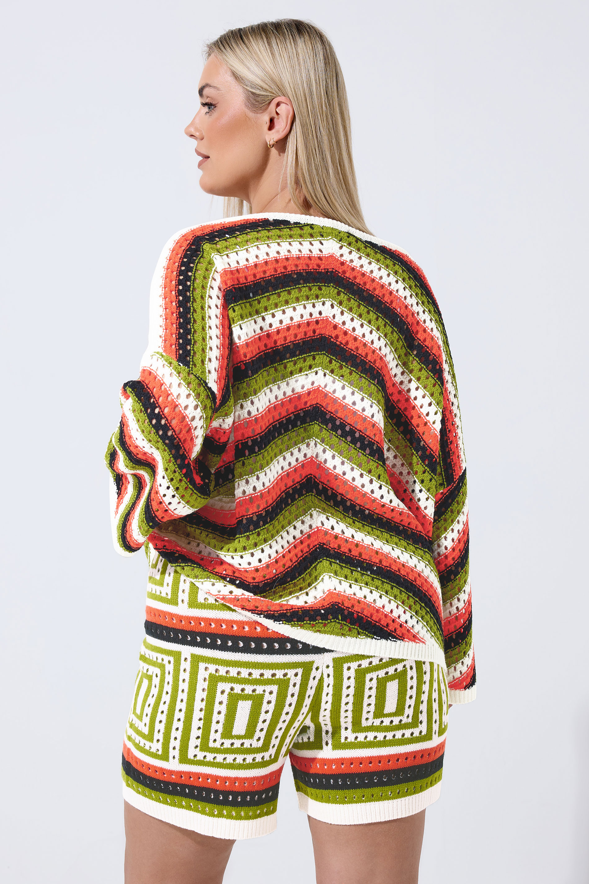 LIMITED COLLECTION Plus Size Ivory White & Green Stripe Crochet Shorts | Yours Clothing 2