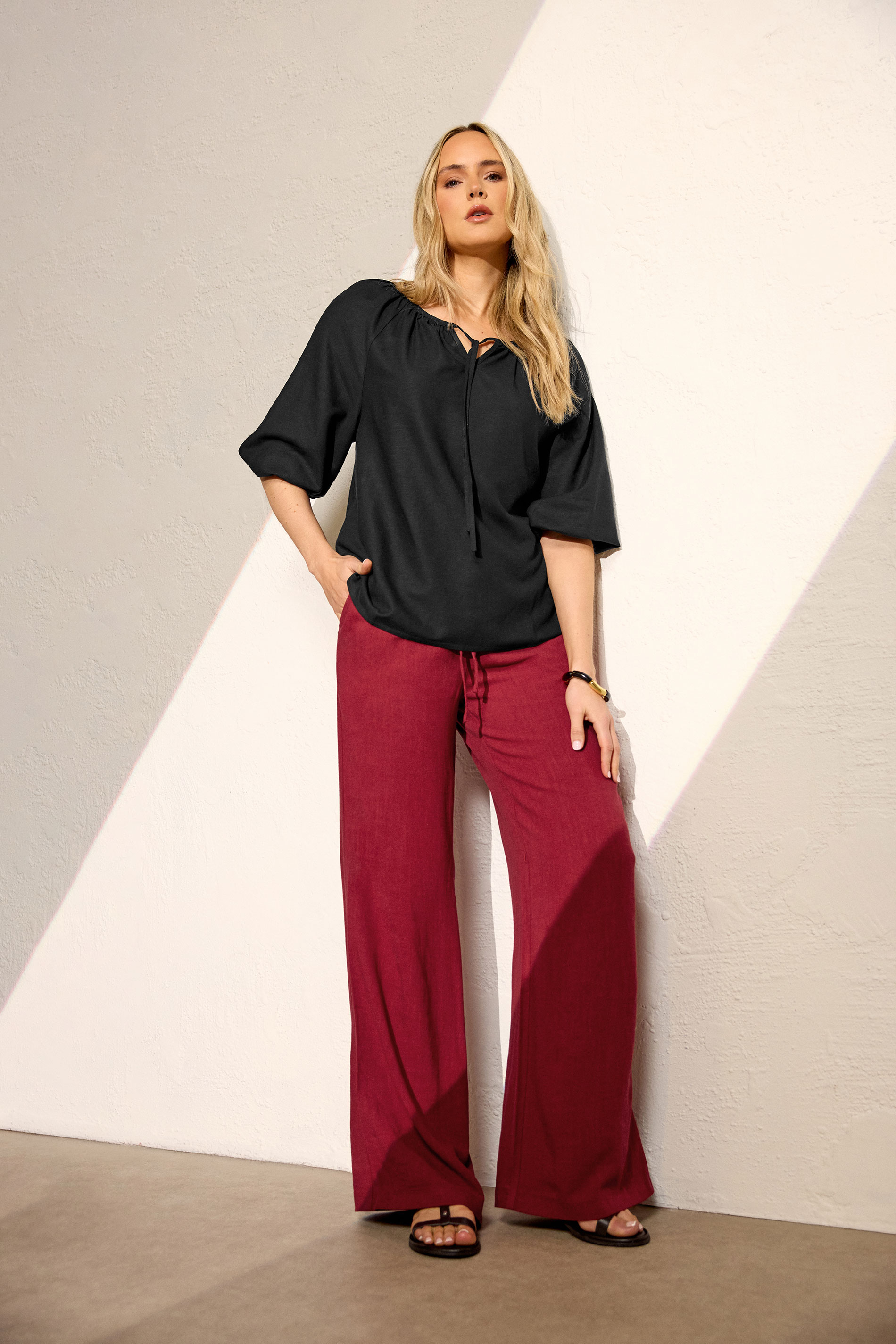 LTS Tall Women's Dark Red Wide Leg Linen Trousers | Long Tall Sally 3