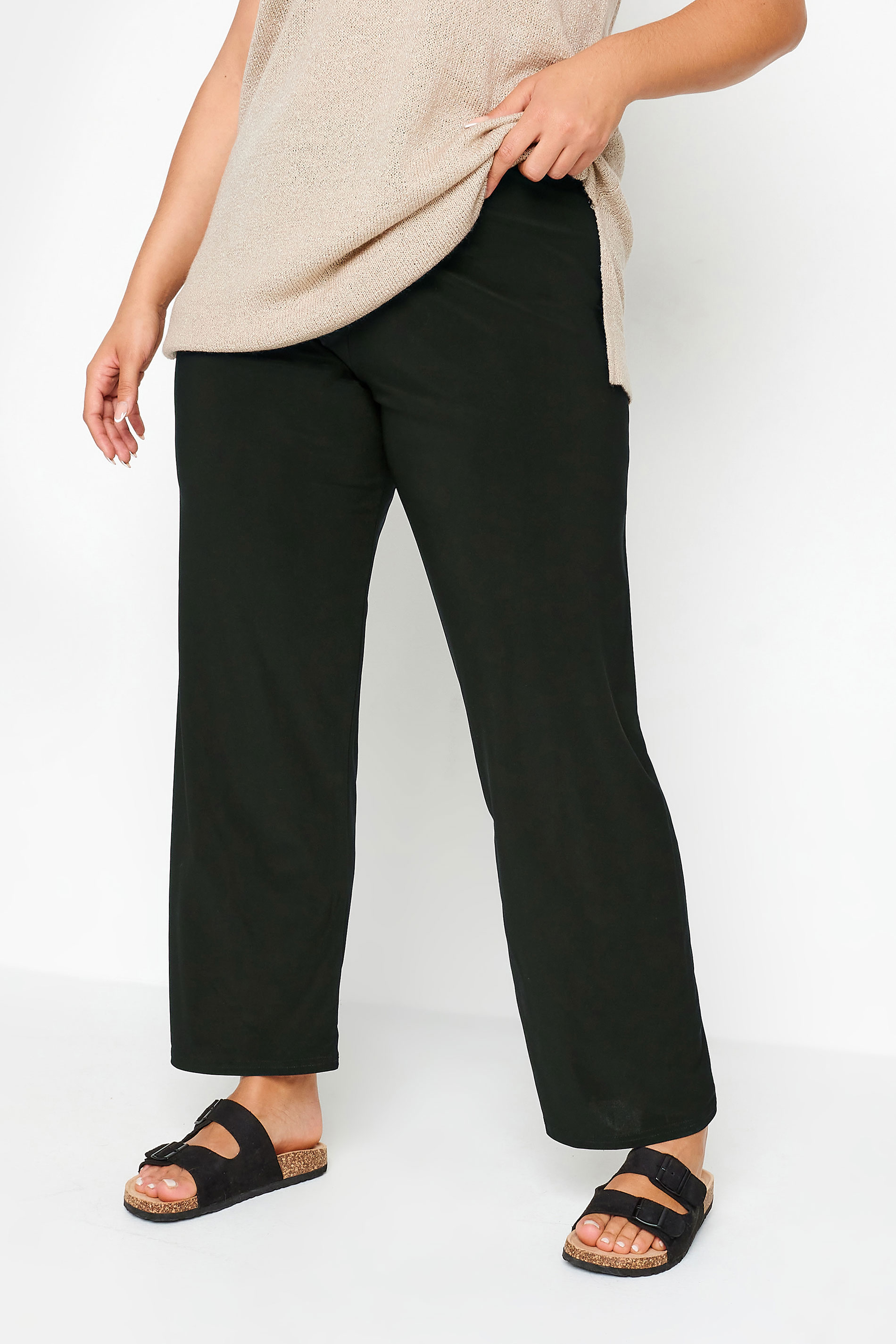 Plus Size Black Pull On Wide Leg Trousers | Yours Clothing 2
