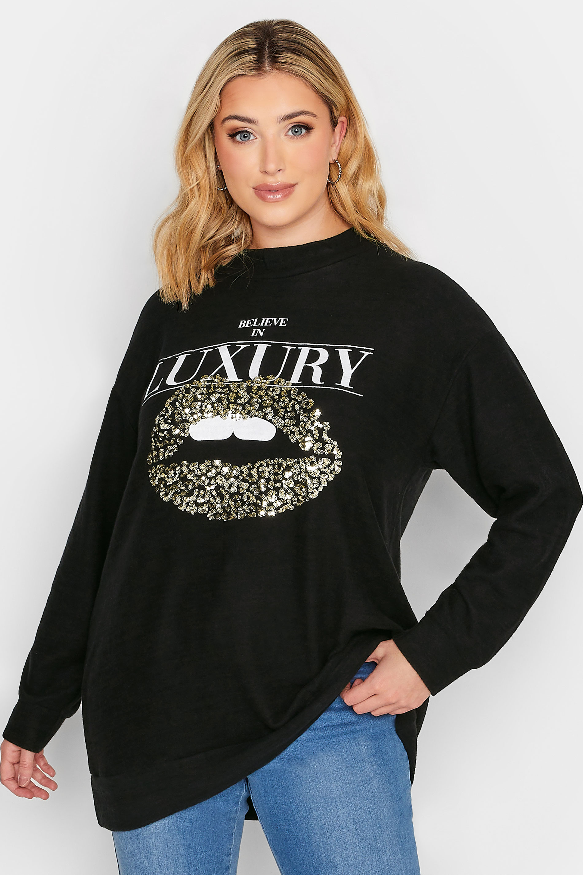YOURS Curve Plus Size Black Glitter Lips Print 'Believe In Luxury' Slogan Soft Touch Top 1