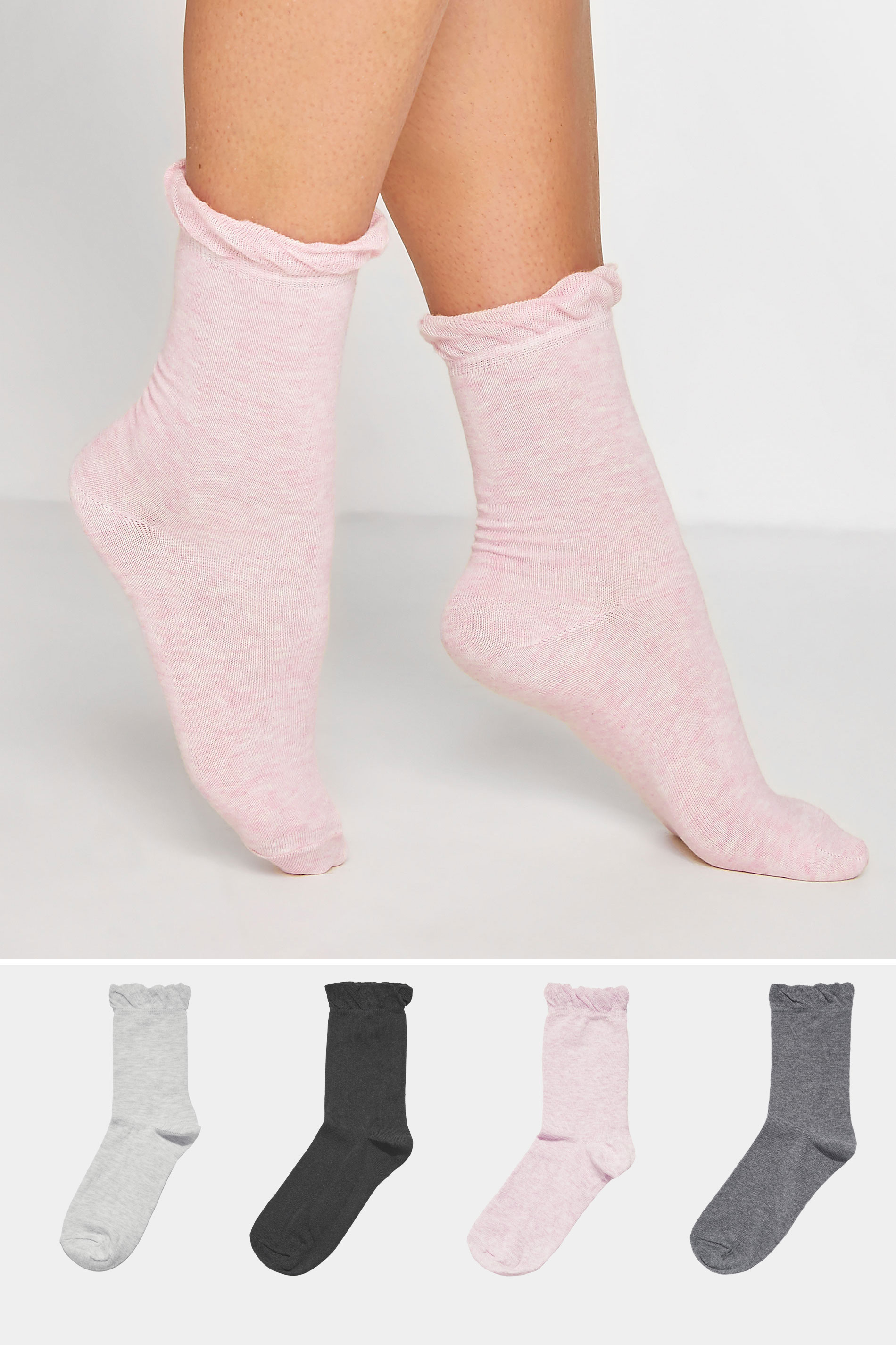 4 PACK Grey & Pink Ankle Socks | Yours Clothing  1
